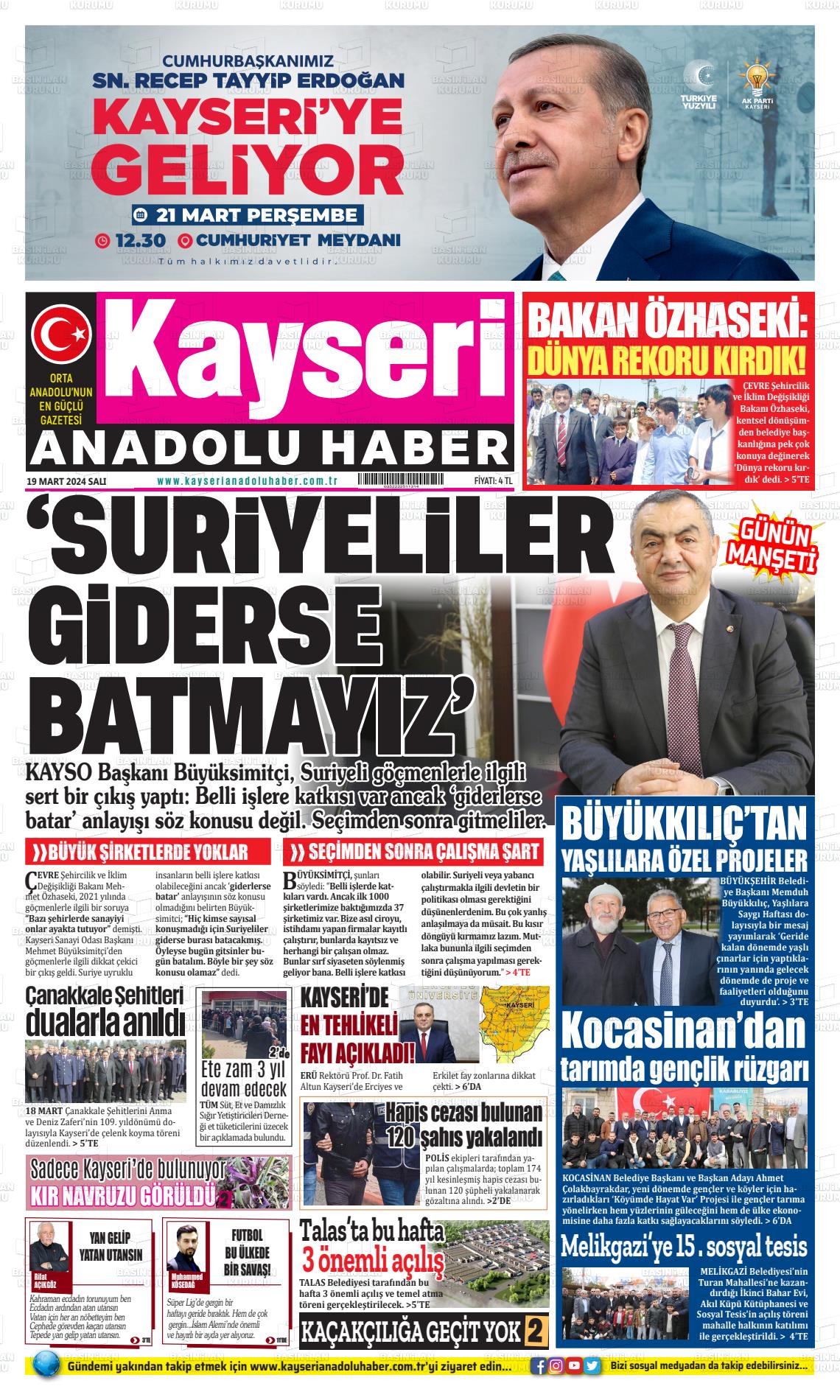 19 Mart 2024 Kayseri Anadolu Haber Gazete Manşeti