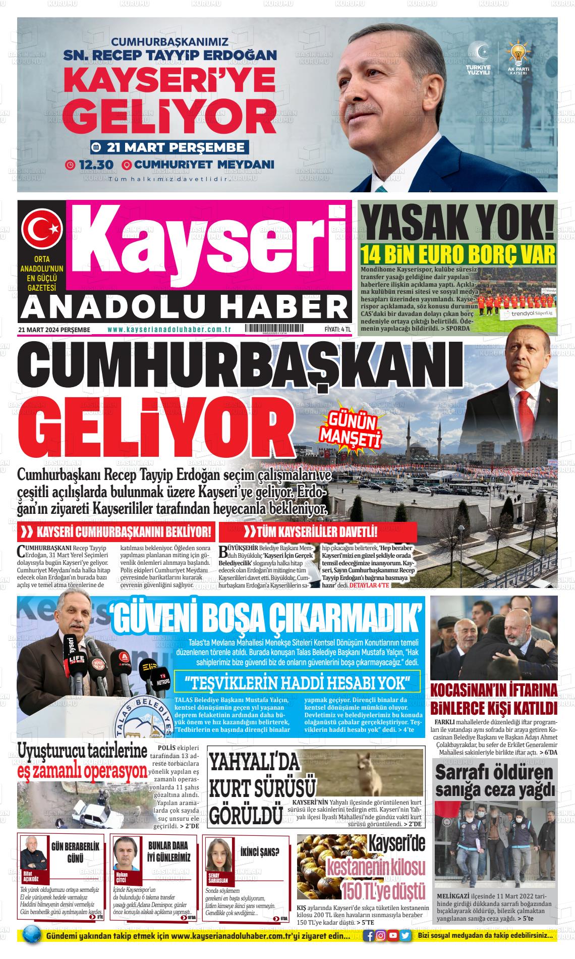 21 Mart 2024 Kayseri Anadolu Haber Gazete Manşeti