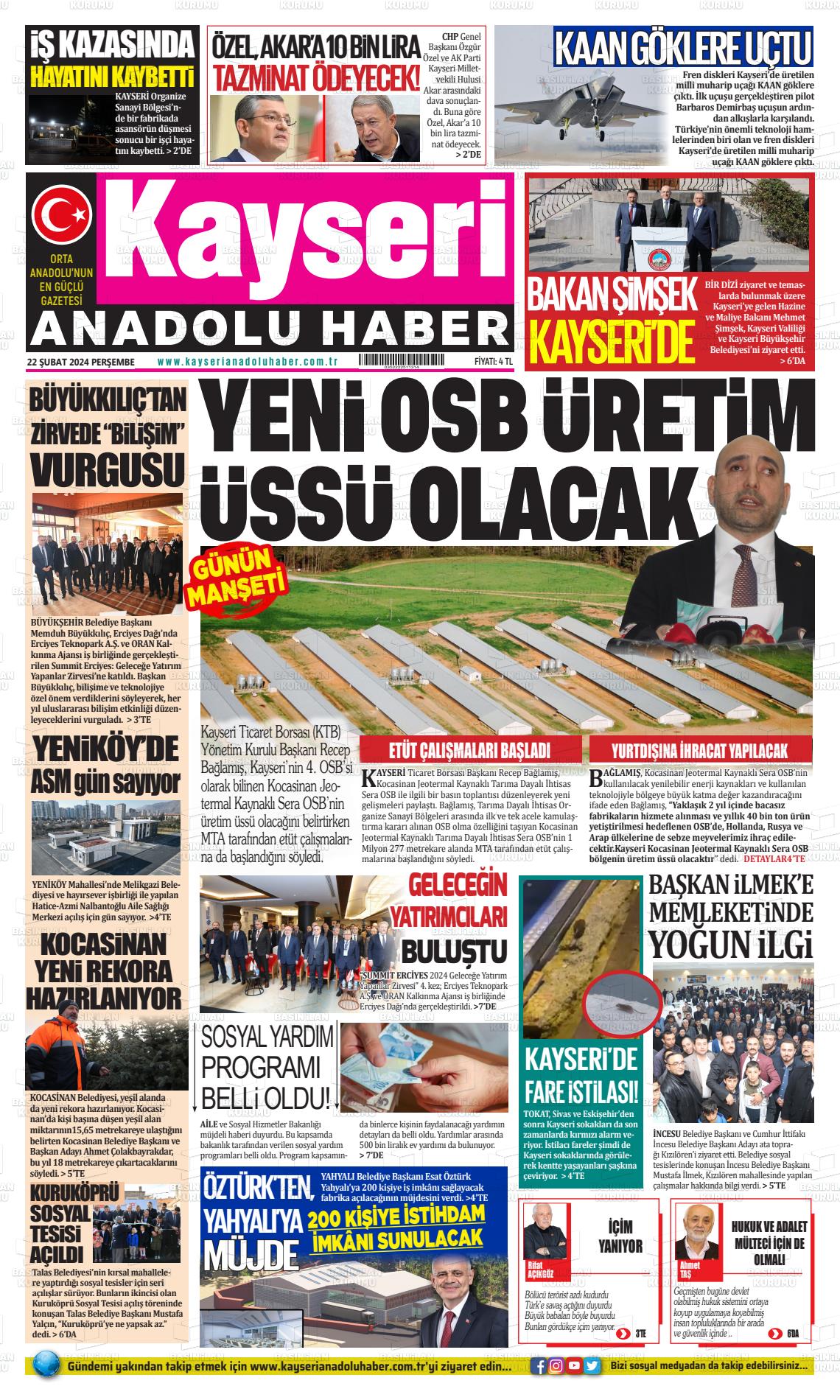 22 Şubat 2024 Kayseri Anadolu Haber Gazete Manşeti