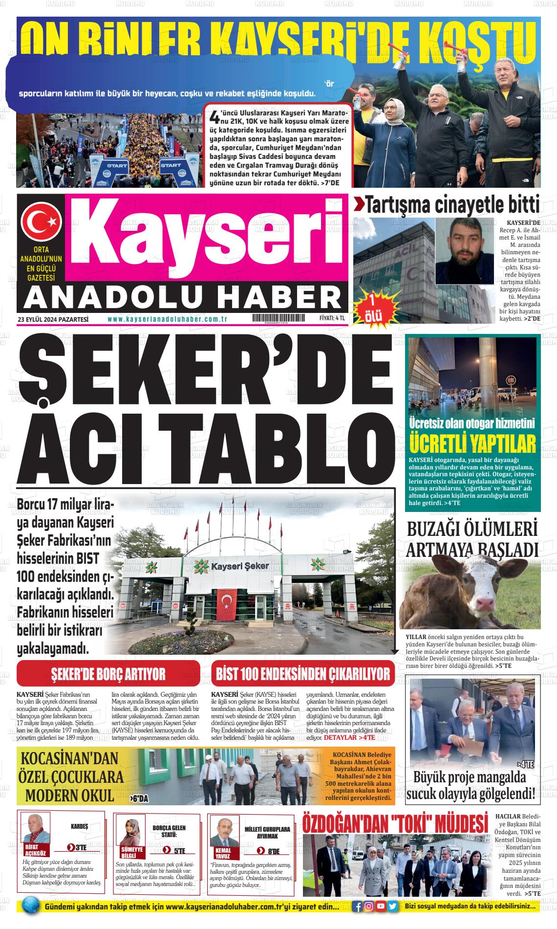 23 Eylül 2024 Kayseri Anadolu Haber Gazete Manşeti