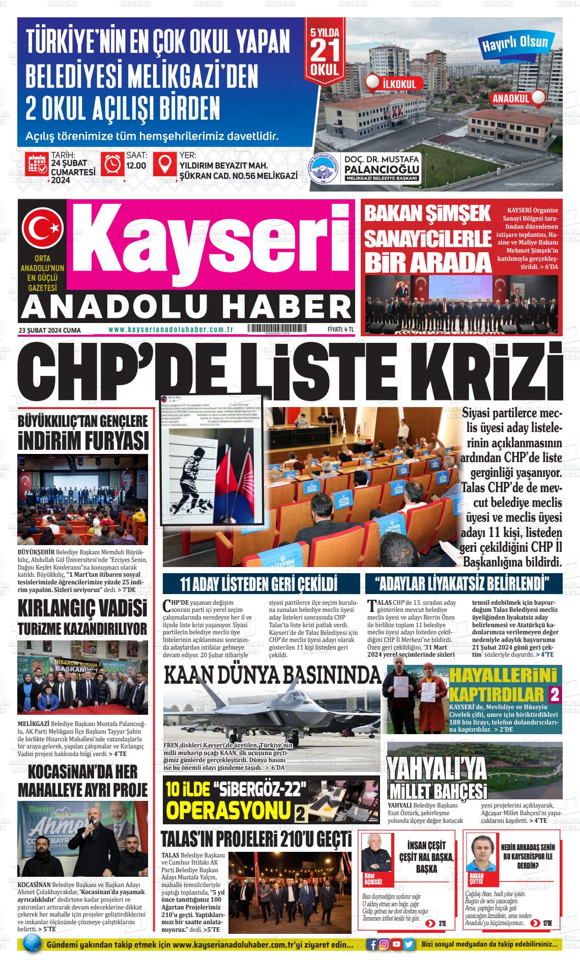 23 Şubat 2024 Kayseri Anadolu Haber Gazete Manşeti