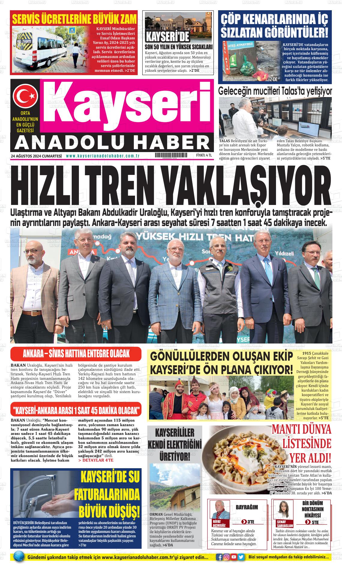 24 Ağustos 2024 Kayseri Anadolu Haber Gazete Manşeti