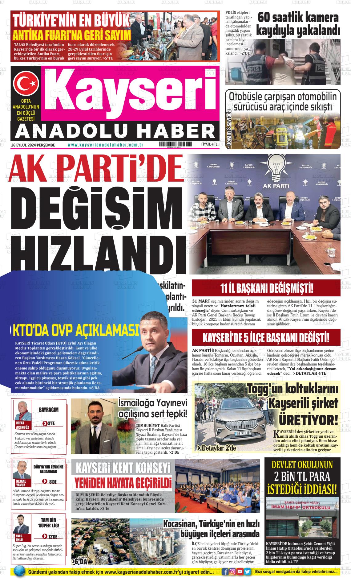 26 Eylül 2024 Kayseri Anadolu Haber Gazete Manşeti