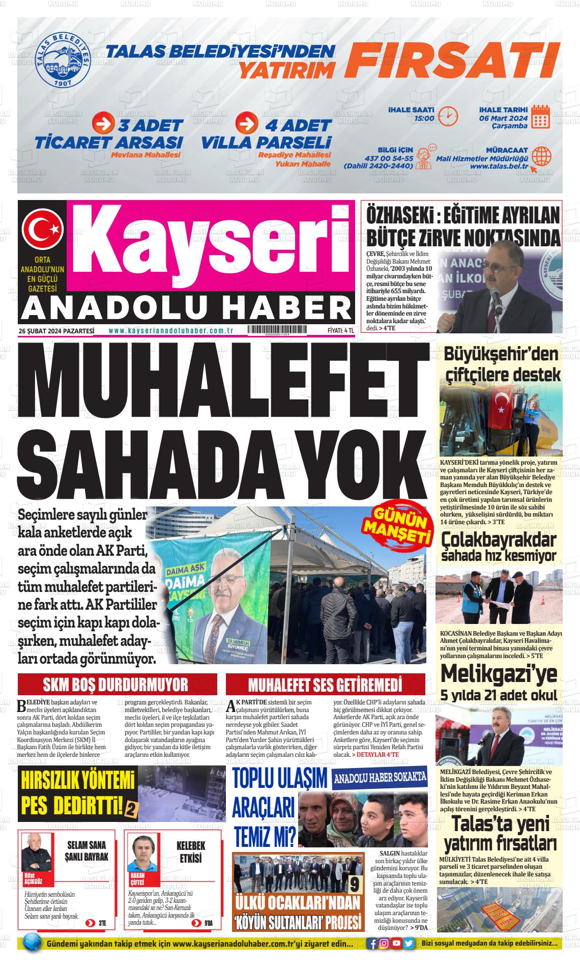 26 Şubat 2024 Kayseri Anadolu Haber Gazete Manşeti