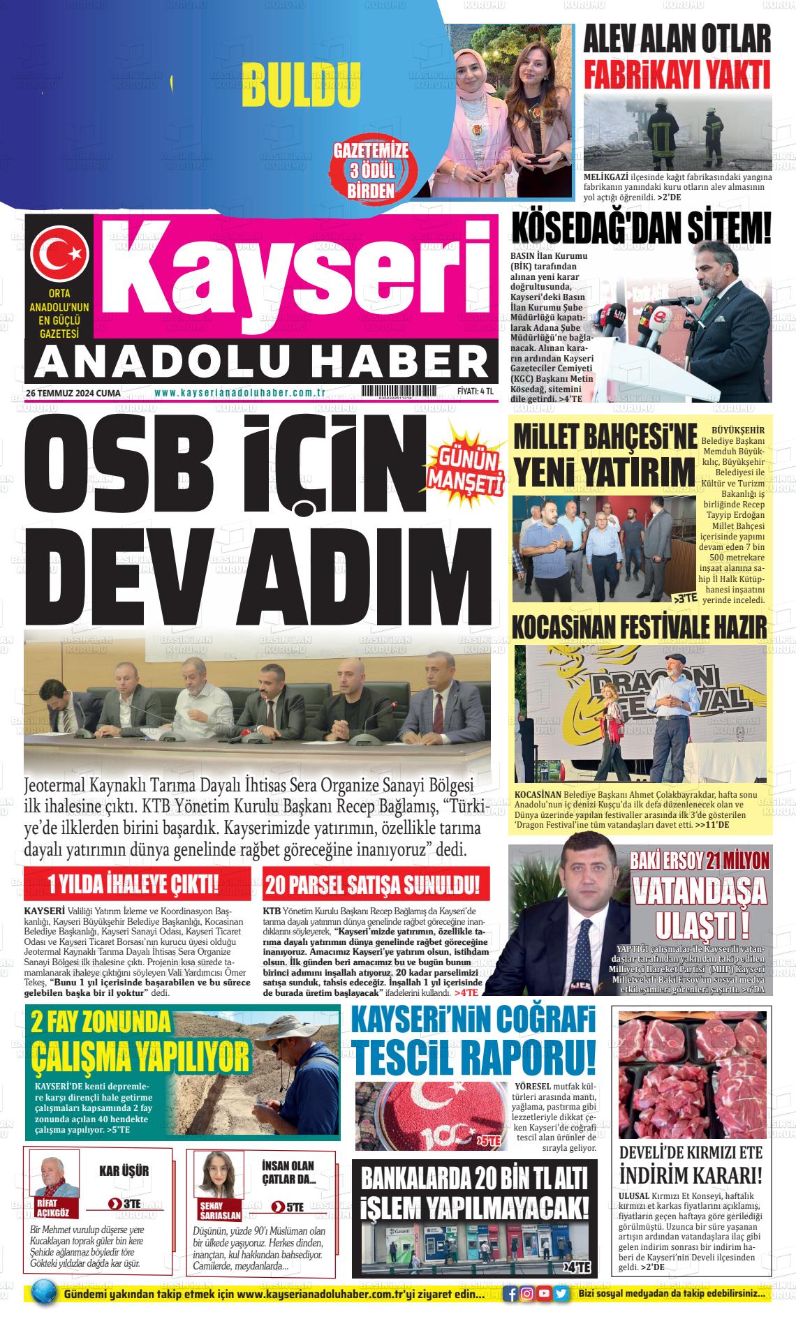 27 Temmuz 2024 Kayseri Anadolu Haber Gazete Manşeti