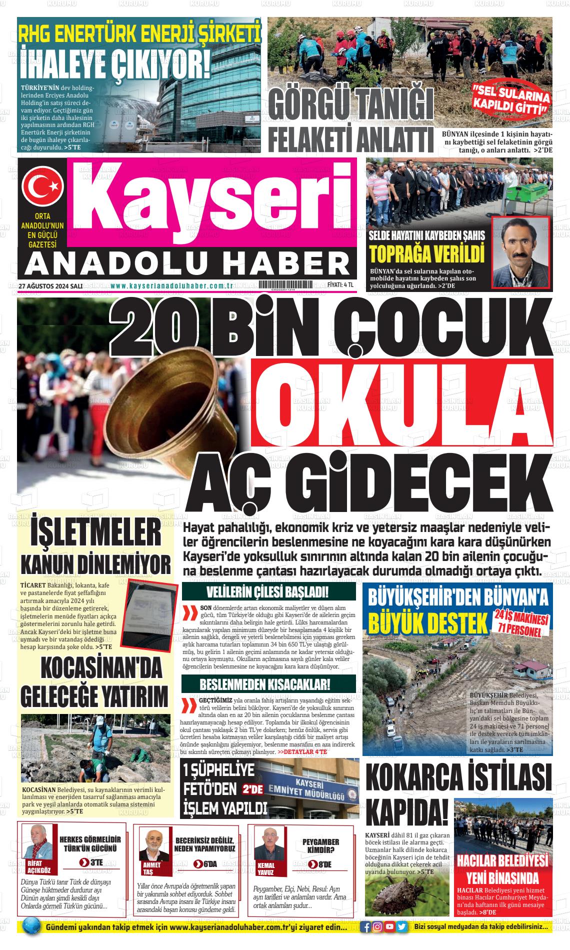 27 Ağustos 2024 Kayseri Anadolu Haber Gazete Manşeti