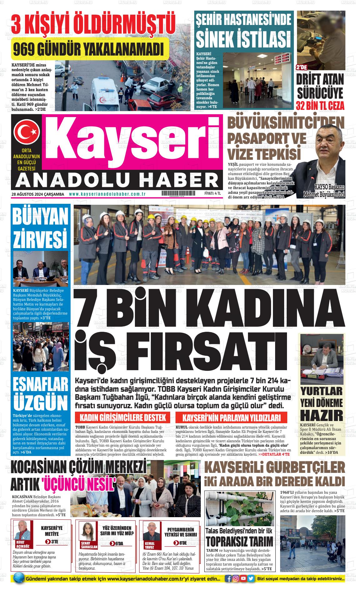 28 Ağustos 2024 Kayseri Anadolu Haber Gazete Manşeti