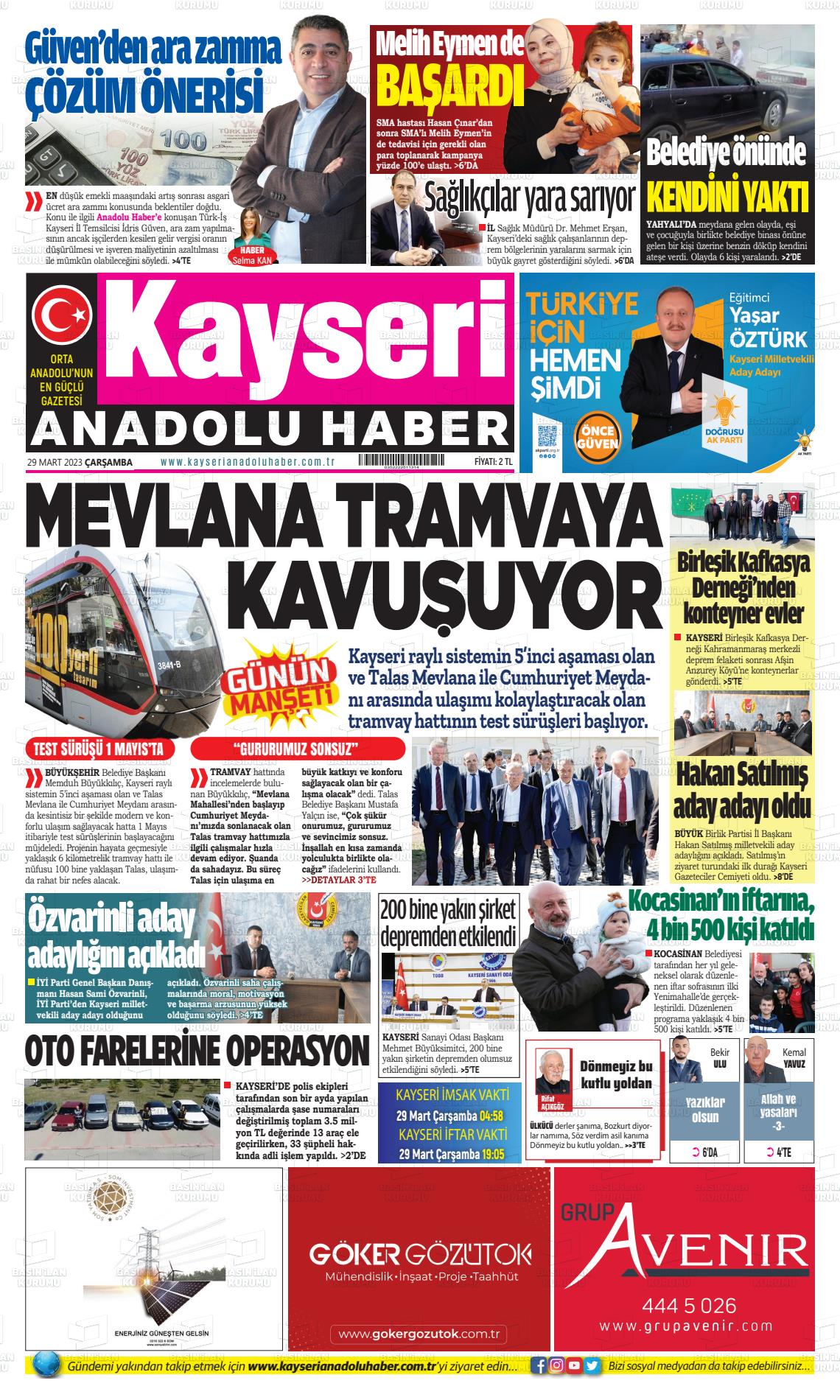 29 Mart 2023 Kayseri Anadolu Haber Gazete Manşeti