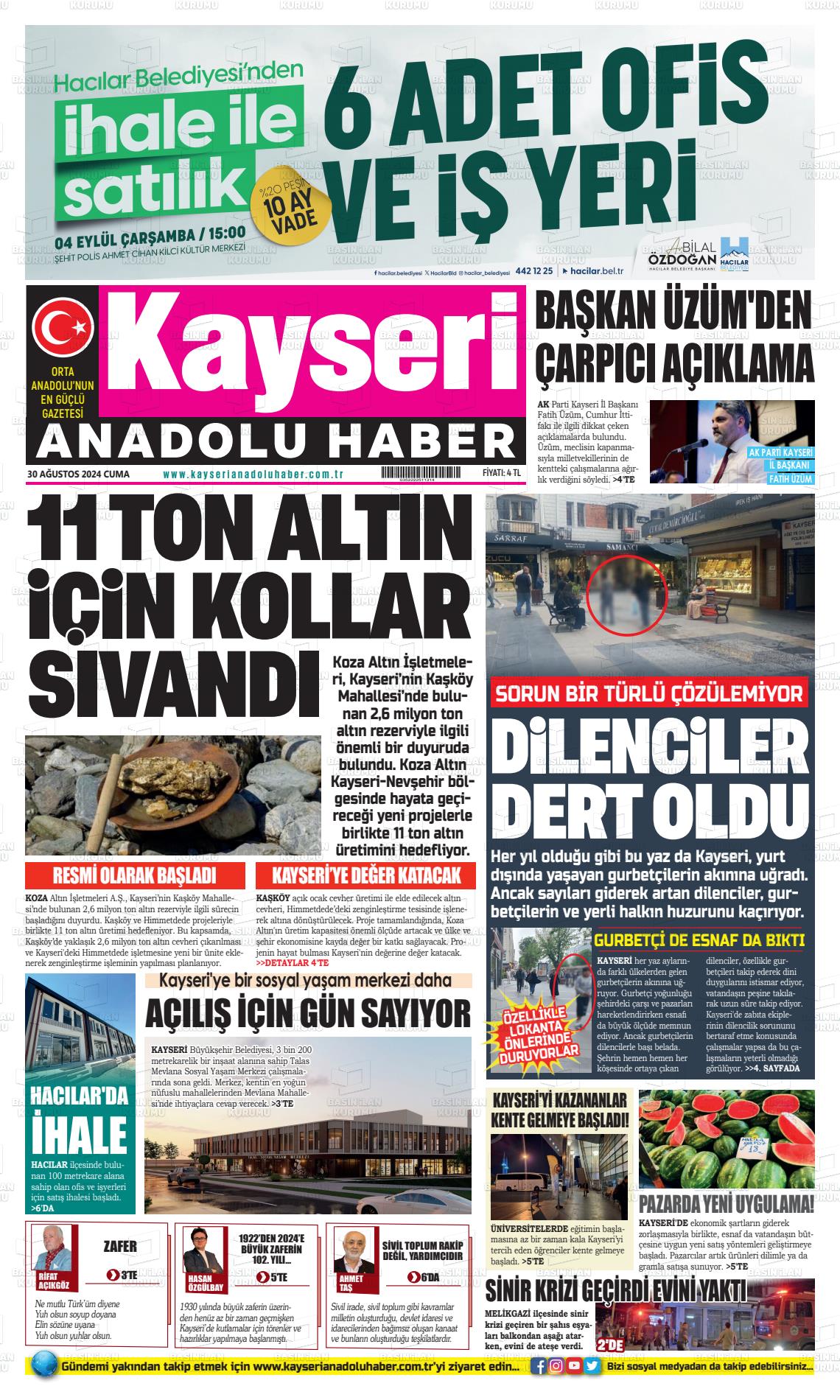 30 Ağustos 2024 Kayseri Anadolu Haber Gazete Manşeti