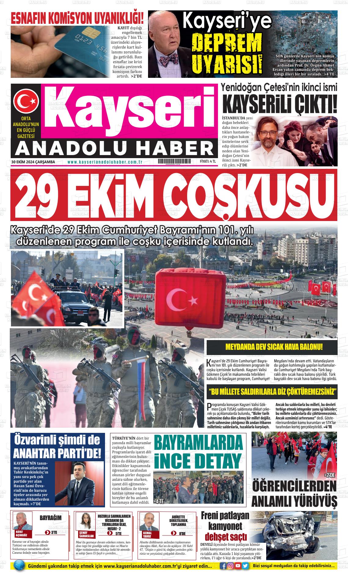 30 Ekim 2024 Kayseri Anadolu Haber Gazete Manşeti