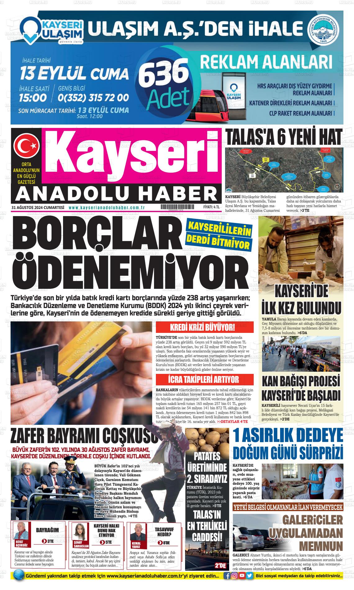 31 Ağustos 2024 Kayseri Anadolu Haber Gazete Manşeti