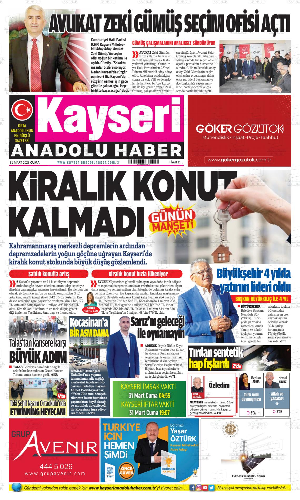 31 Mart 2023 Kayseri Anadolu Haber Gazete Manşeti