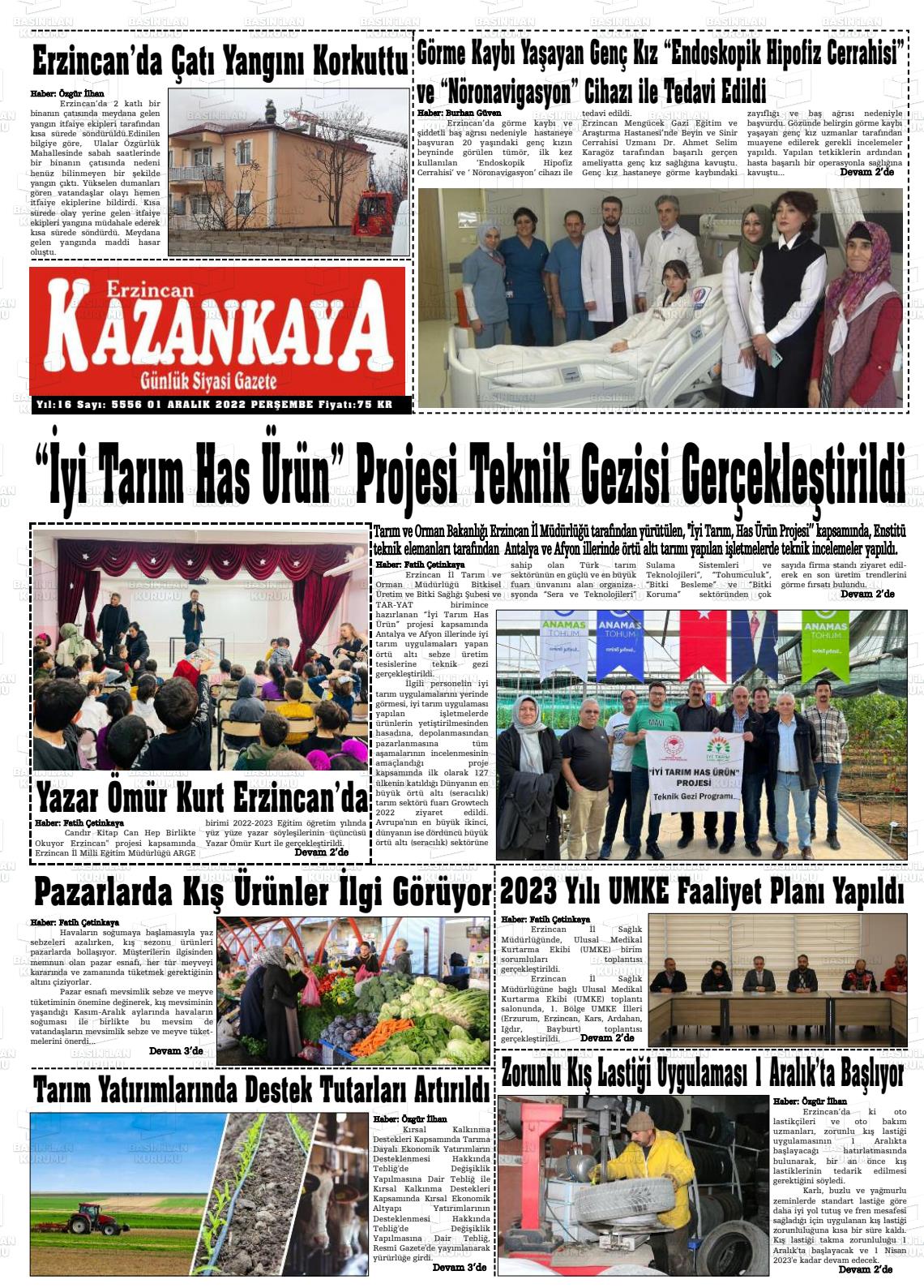 01 Aralık 2022 Kazankaya Gazete Manşeti