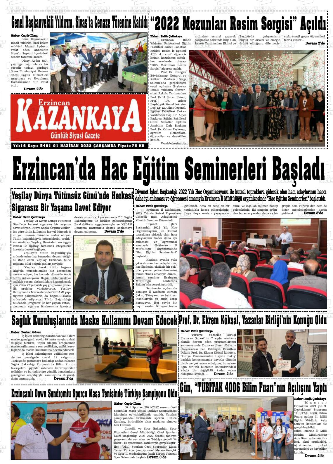 01 Haziran 2022 Kazankaya Gazete Manşeti