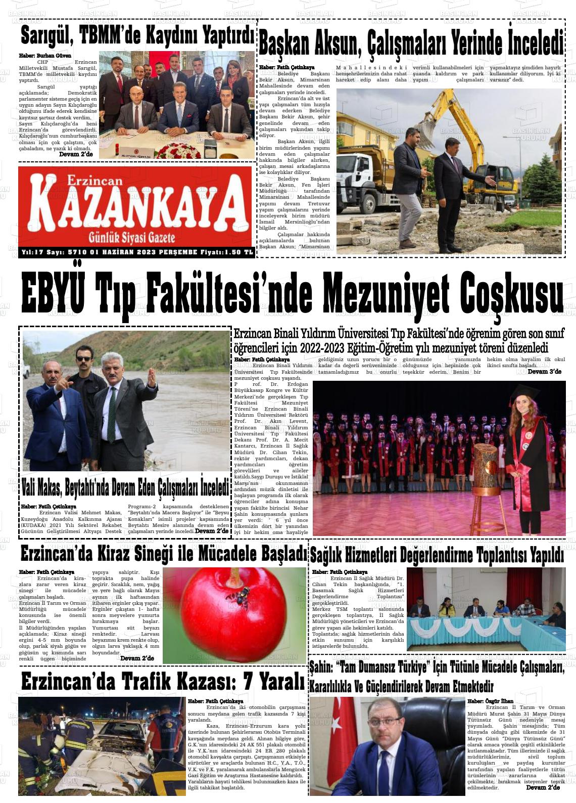 01 Haziran 2023 Kazankaya Gazete Manşeti