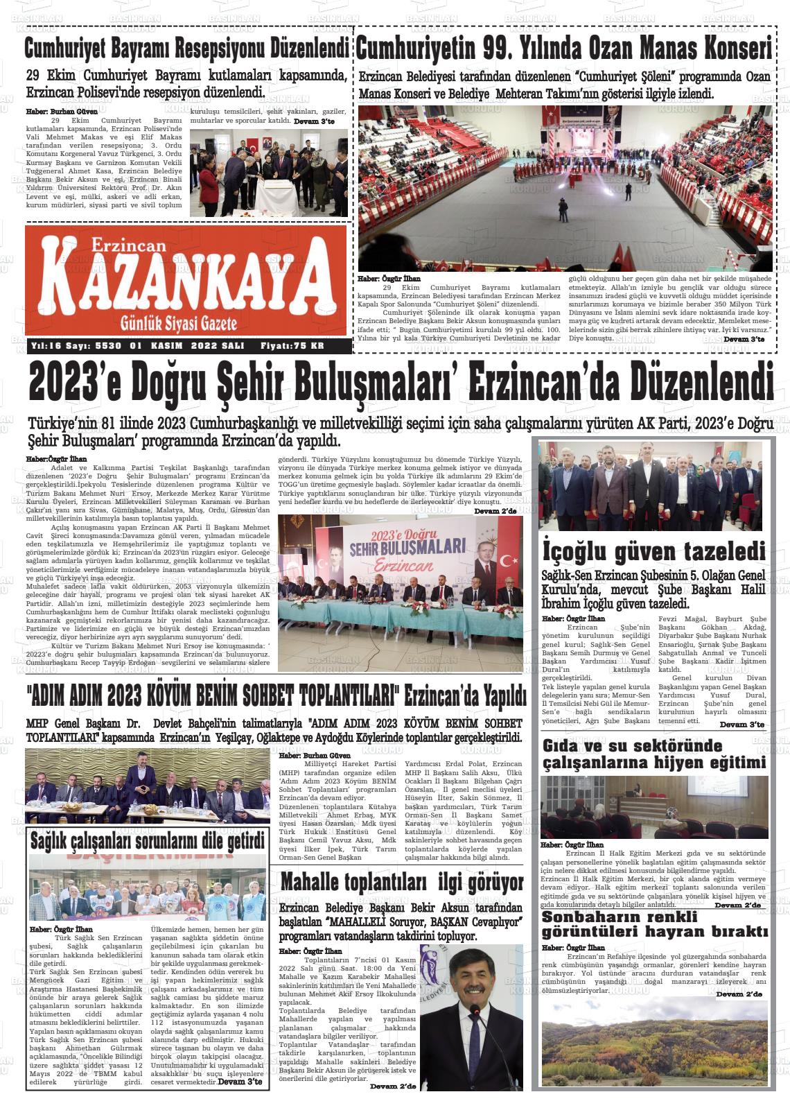 01 Kasım 2022 Kazankaya Gazete Manşeti