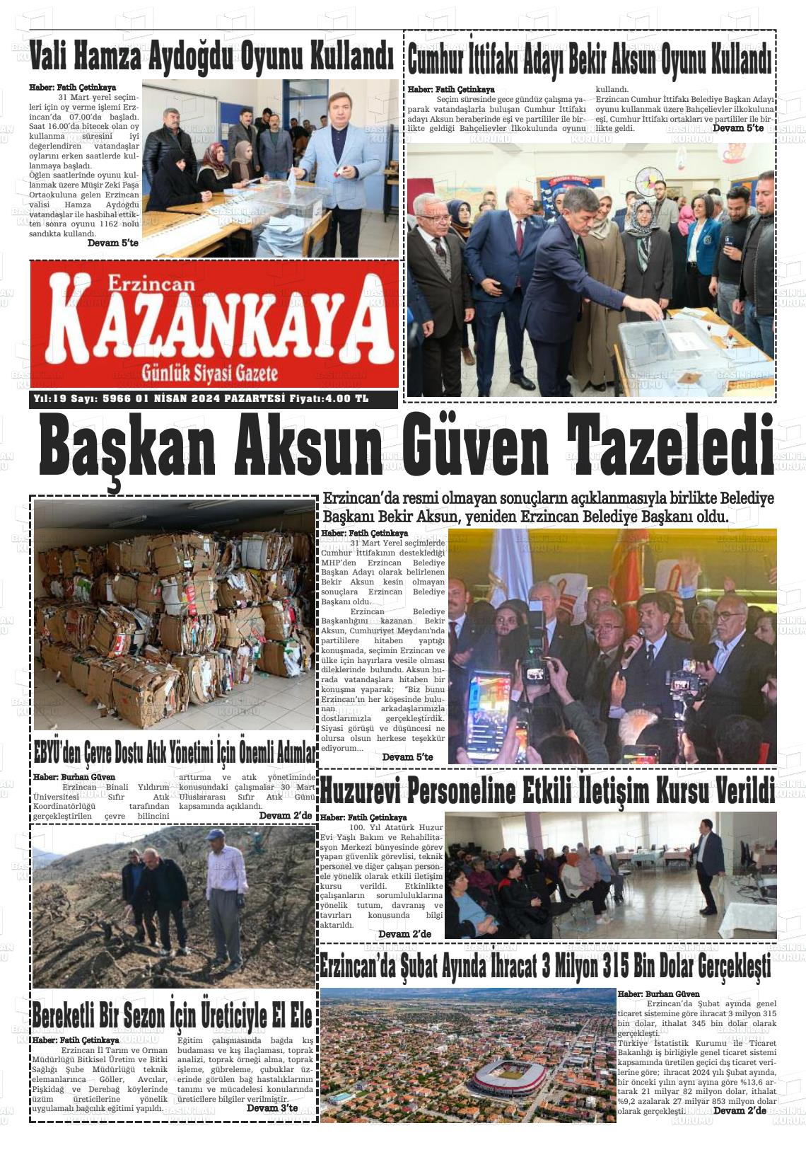 01 Nisan 2024 Kazankaya Gazete Manşeti