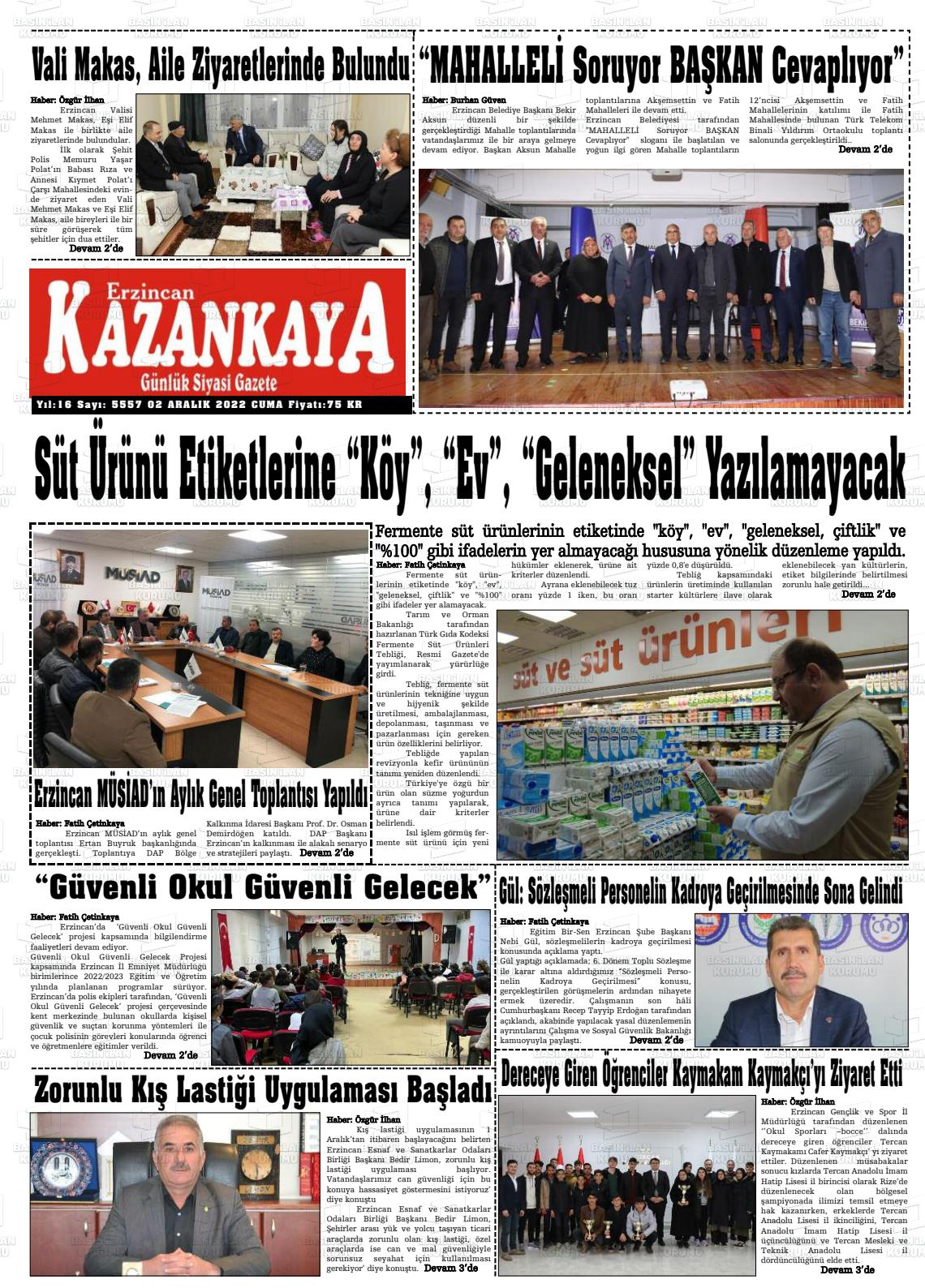 02 Aralık 2022 Kazankaya Gazete Manşeti