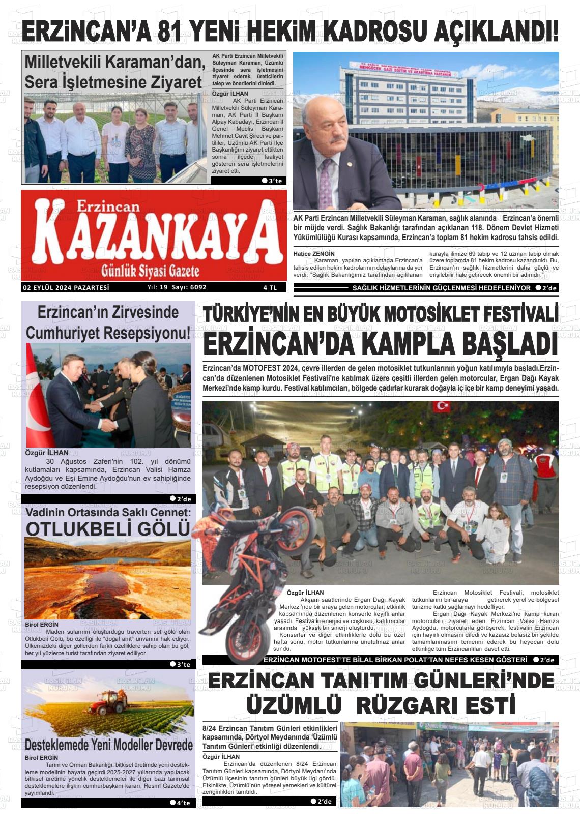 02 Eylül 2024 Kazankaya Gazete Manşeti