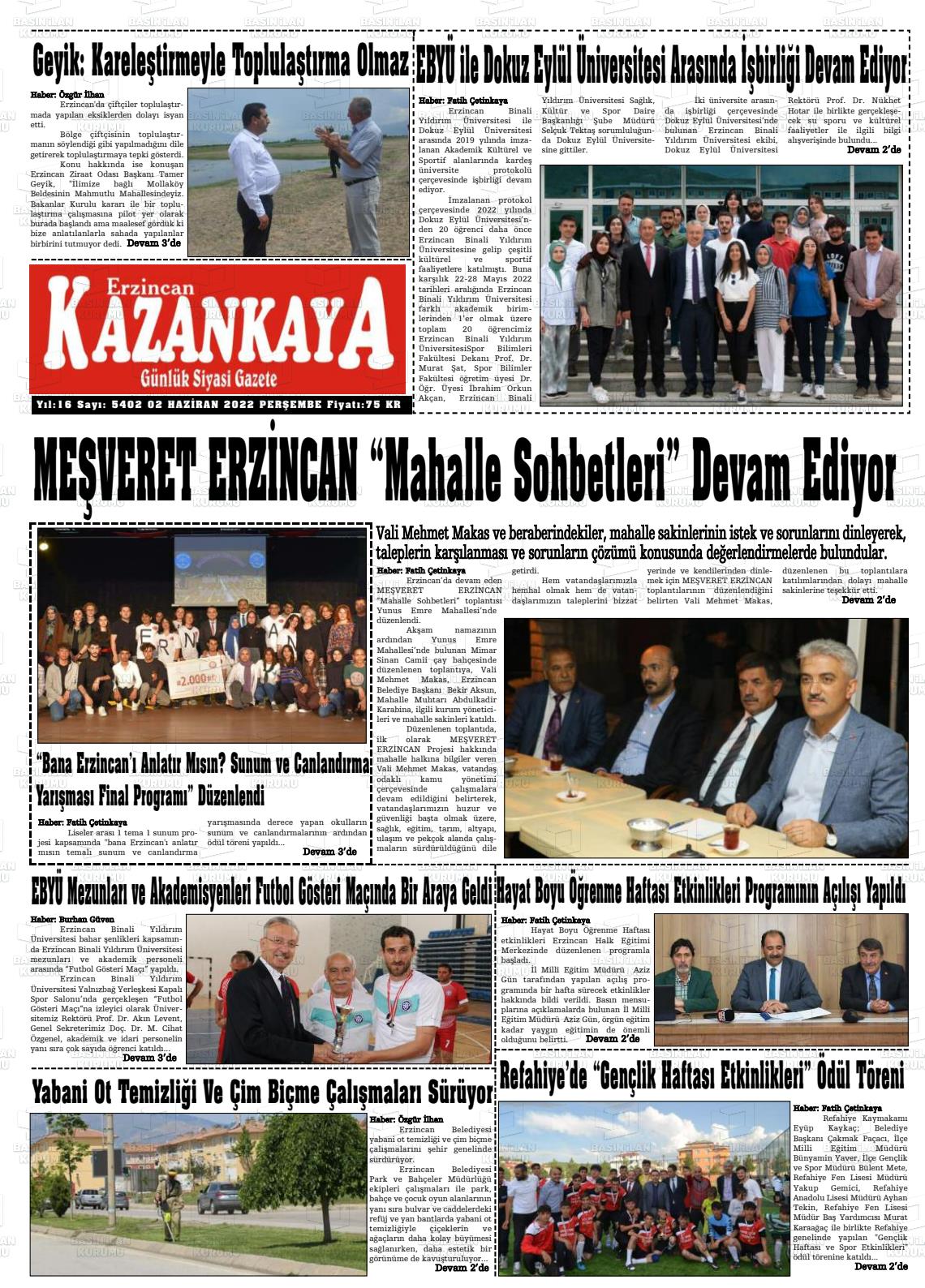 02 Haziran 2022 Kazankaya Gazete Manşeti