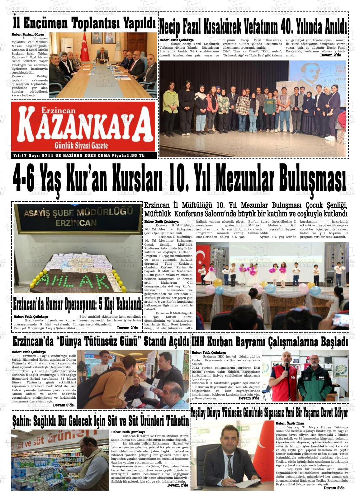 02 Haziran 2023 Kazankaya Gazete Manşeti