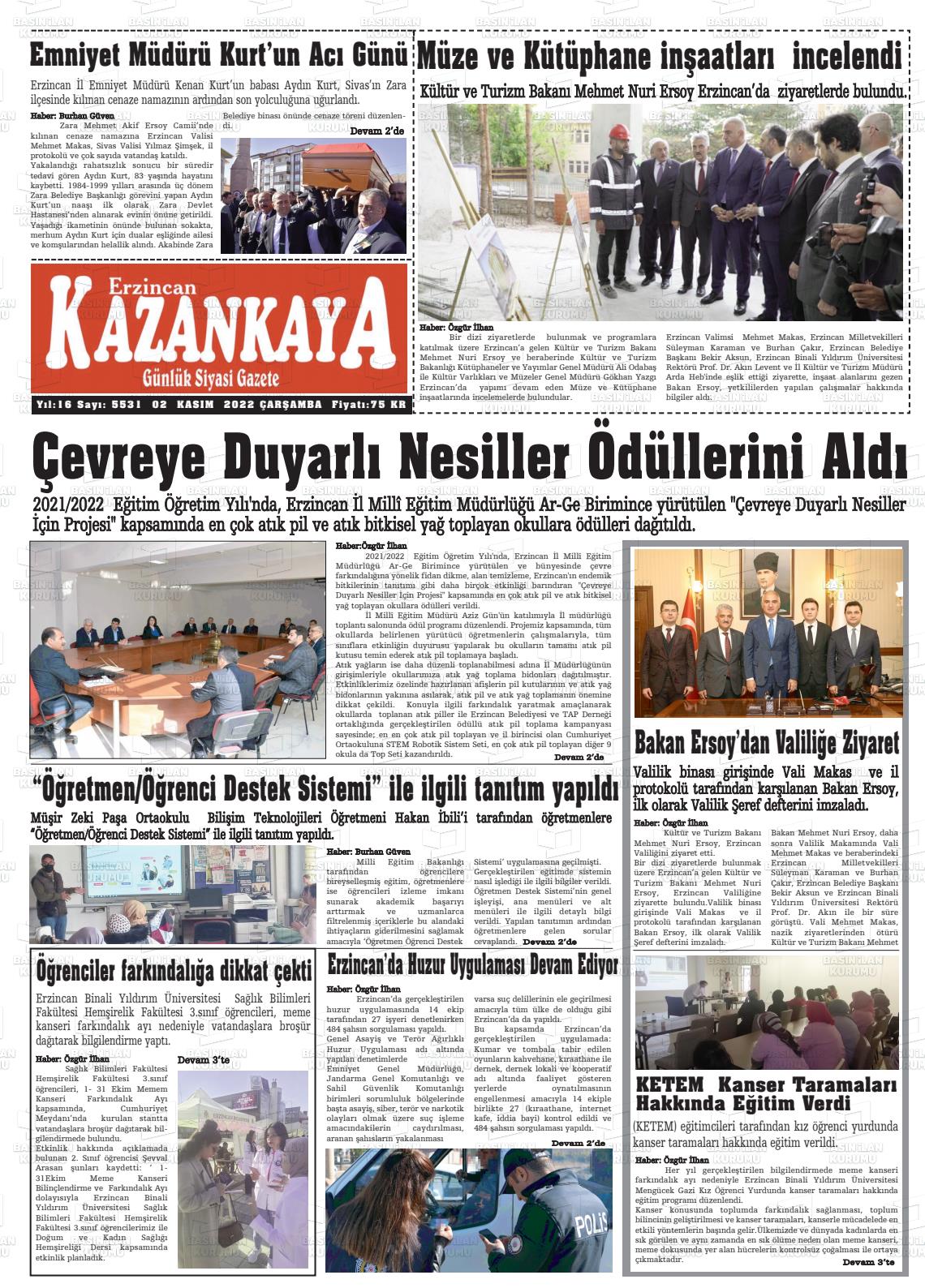 02 Kasım 2022 Kazankaya Gazete Manşeti