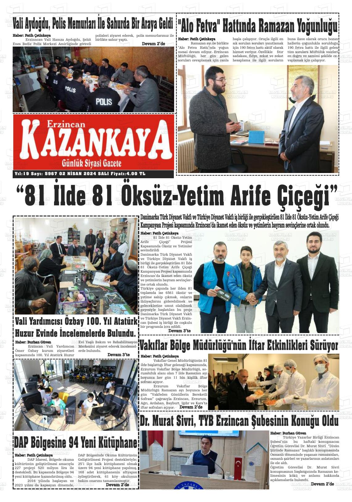 02 Nisan 2024 Kazankaya Gazete Manşeti