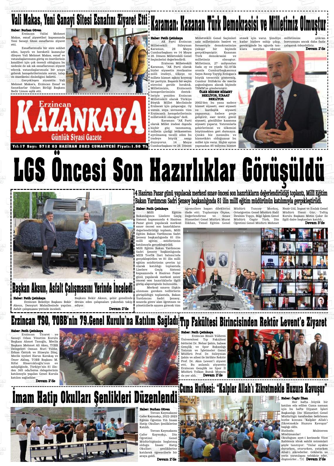 03 Haziran 2023 Kazankaya Gazete Manşeti