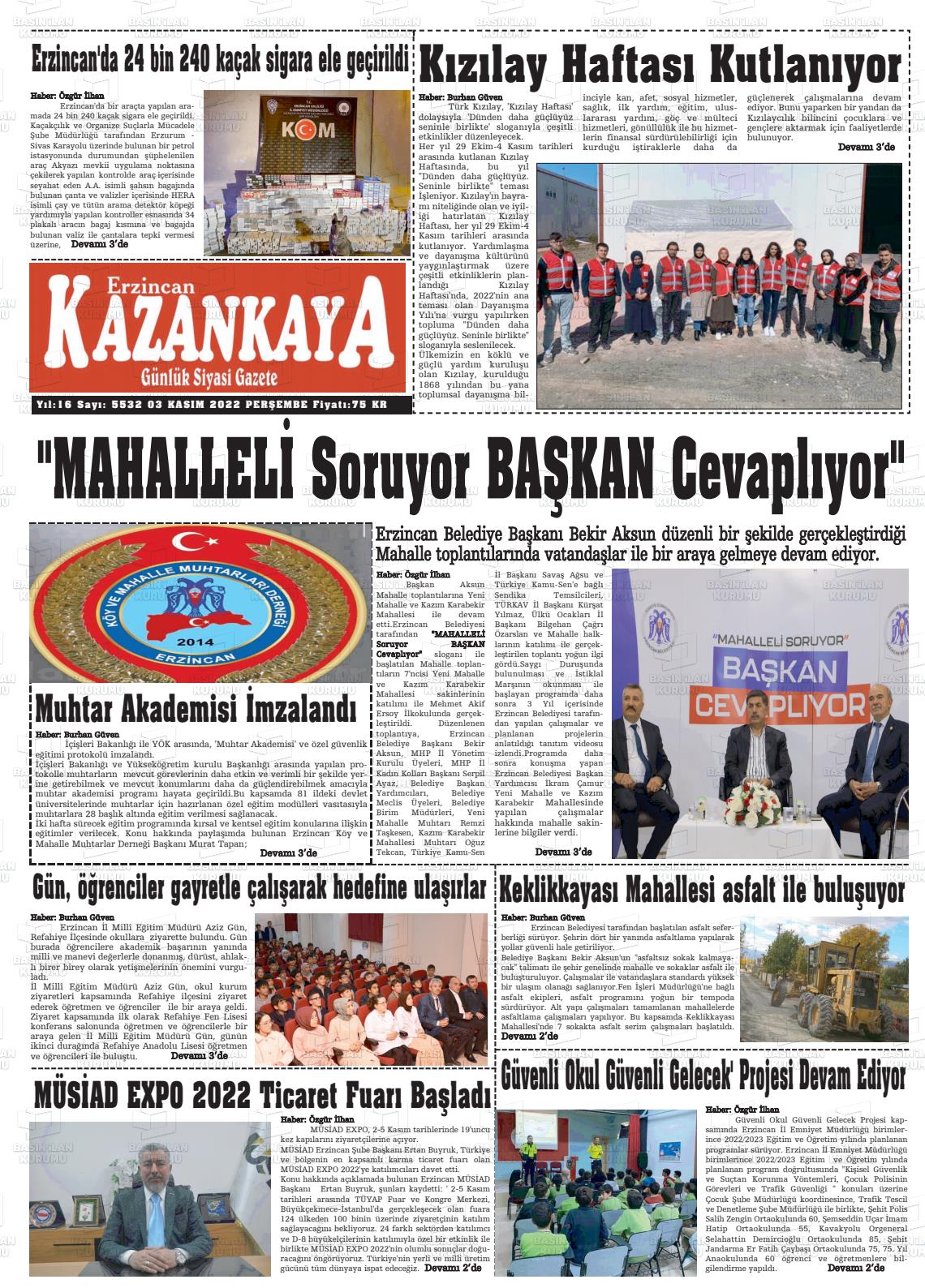 03 Kasım 2022 Kazankaya Gazete Manşeti