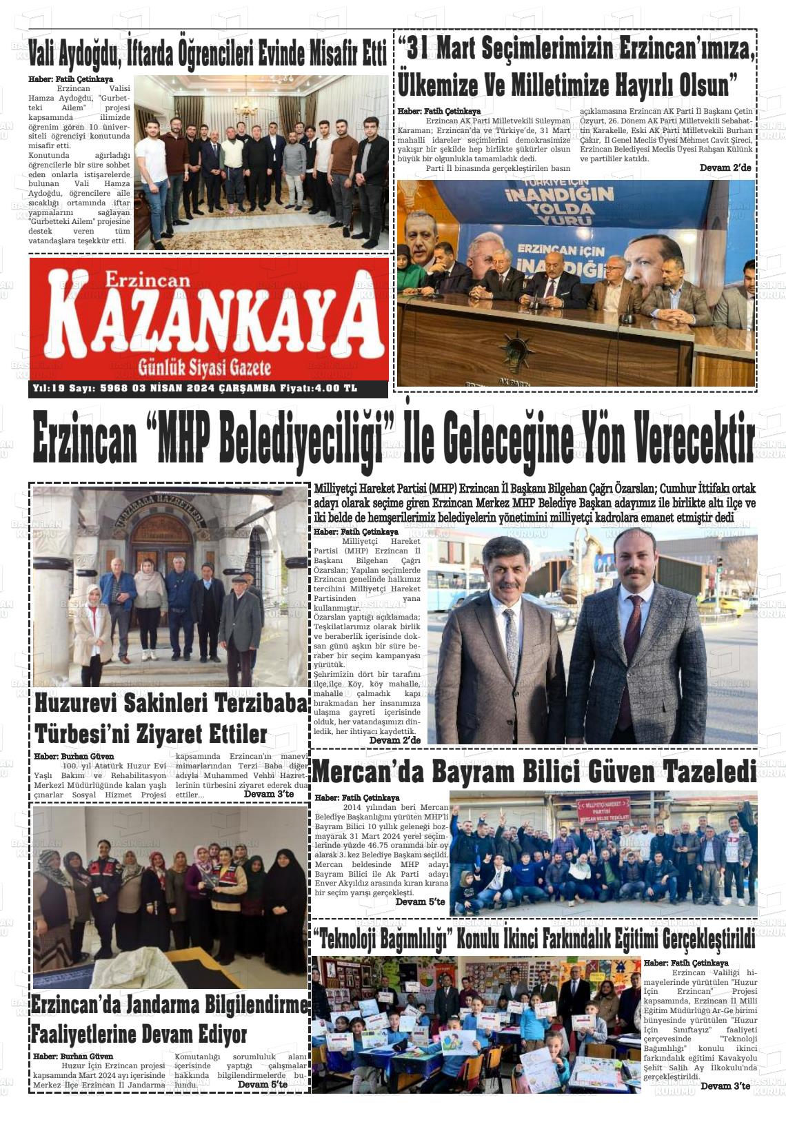 03 Nisan 2024 Kazankaya Gazete Manşeti