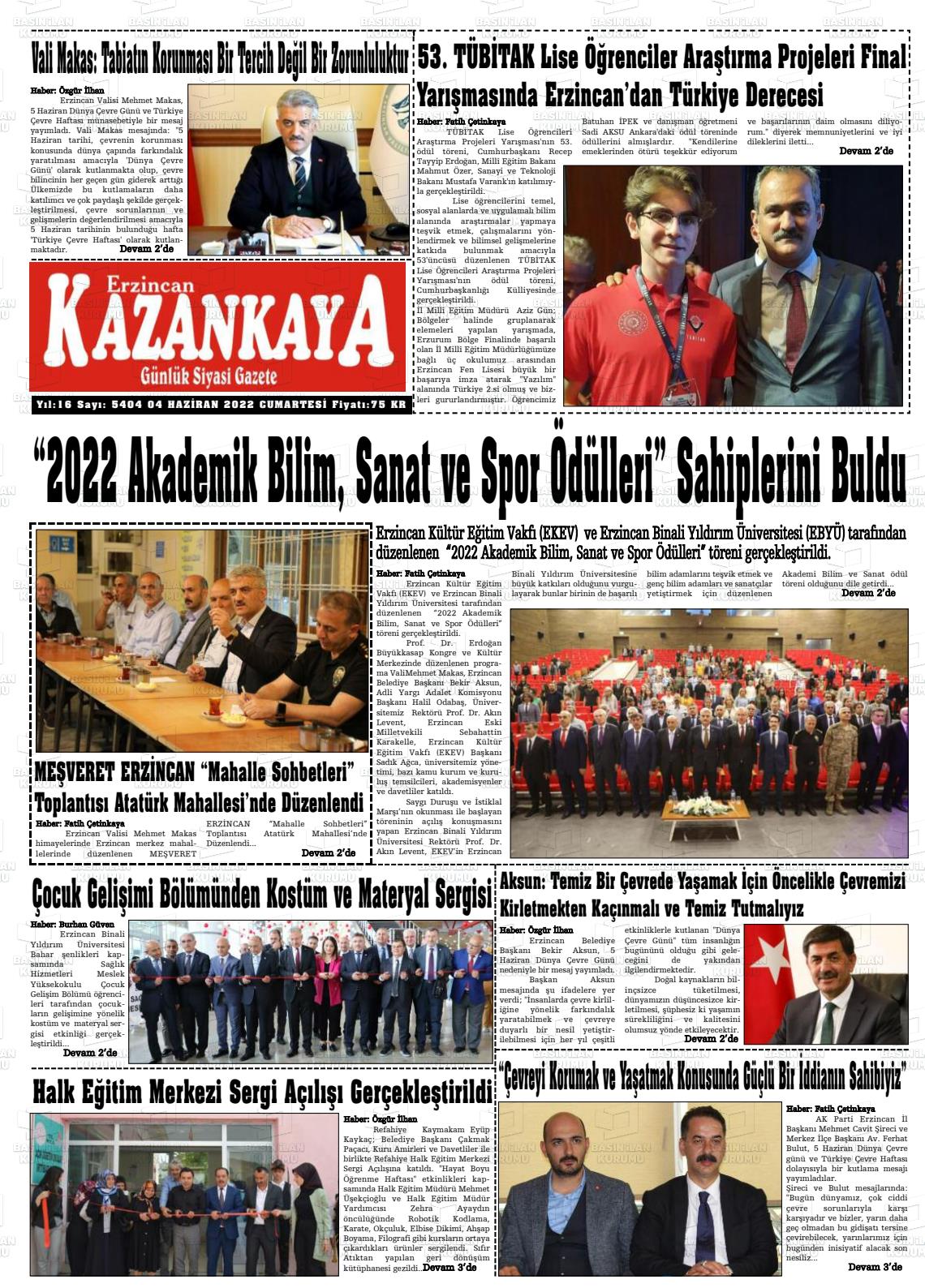 04 Haziran 2022 Kazankaya Gazete Manşeti