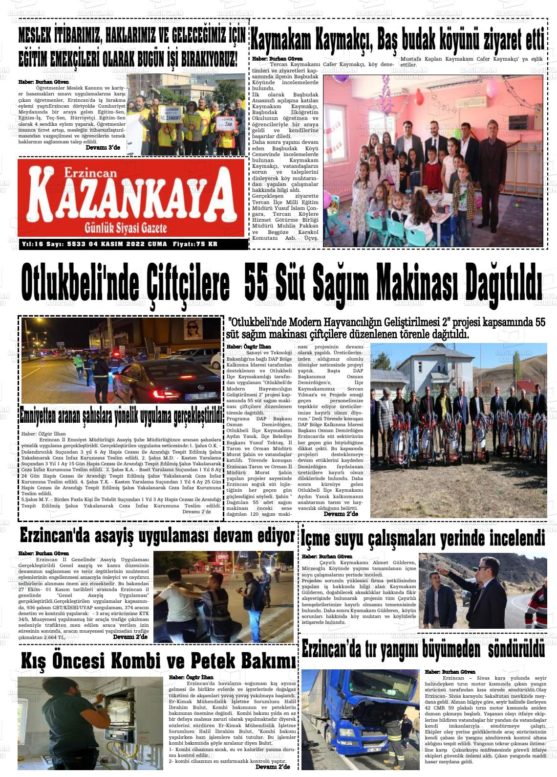 04 Kasım 2022 Kazankaya Gazete Manşeti