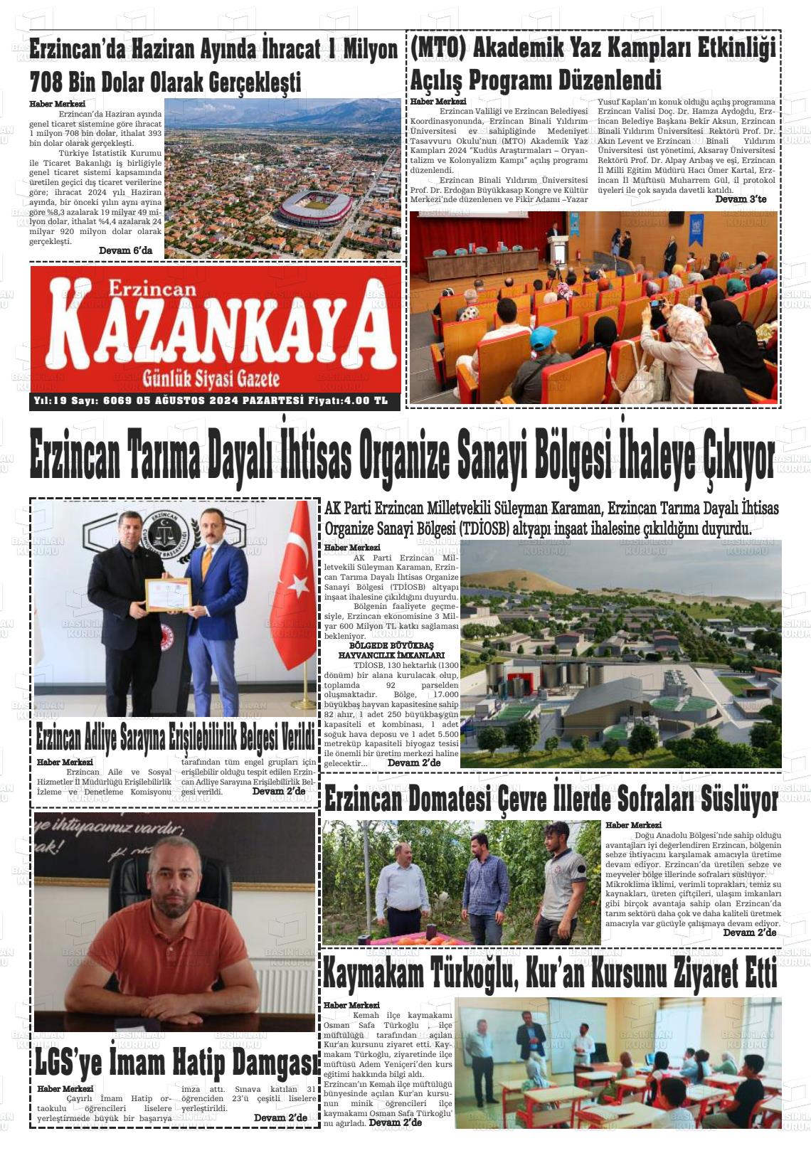 05 Ağustos 2024 Kazankaya Gazete Manşeti