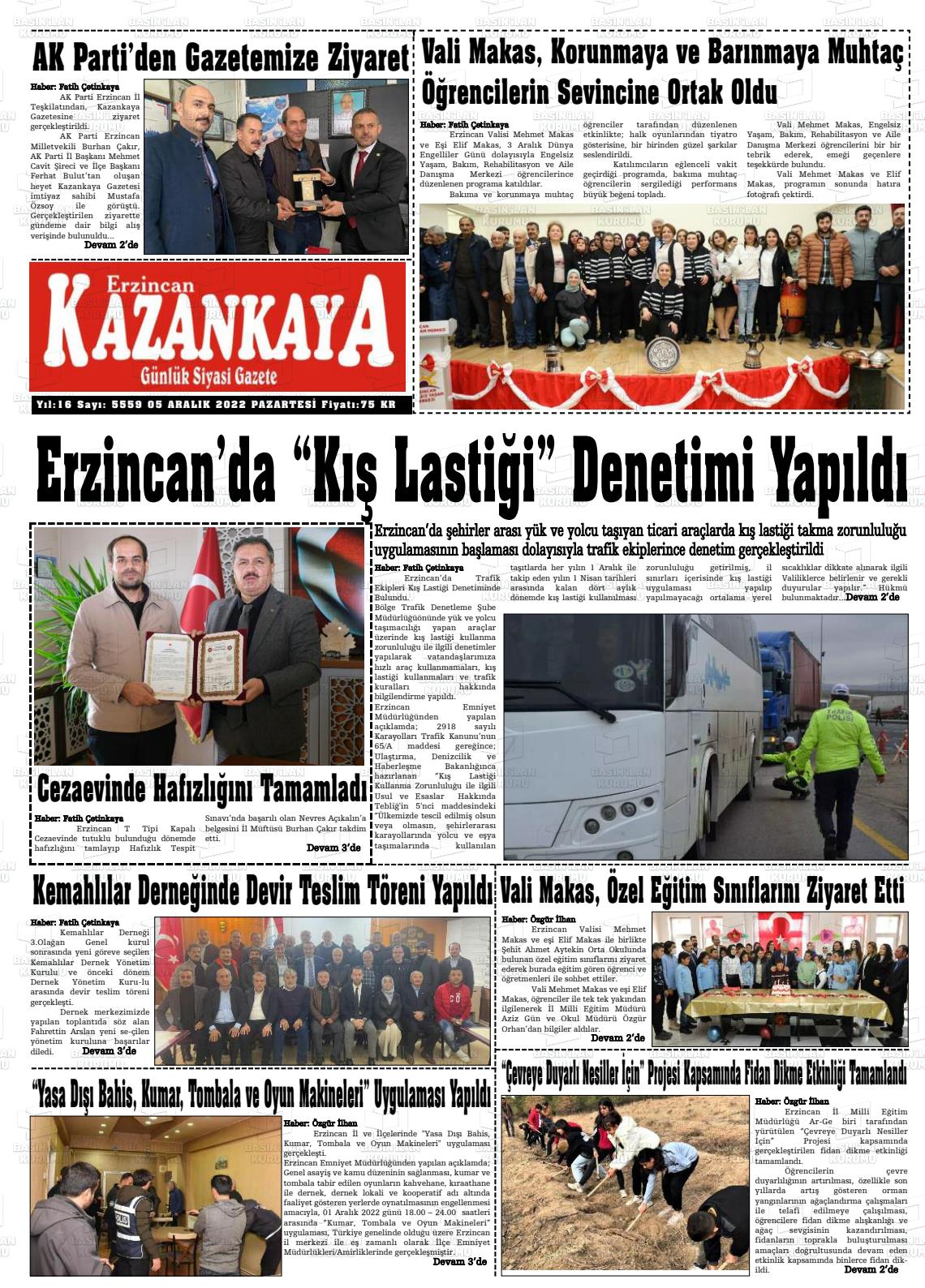 05 Aralık 2022 Kazankaya Gazete Manşeti