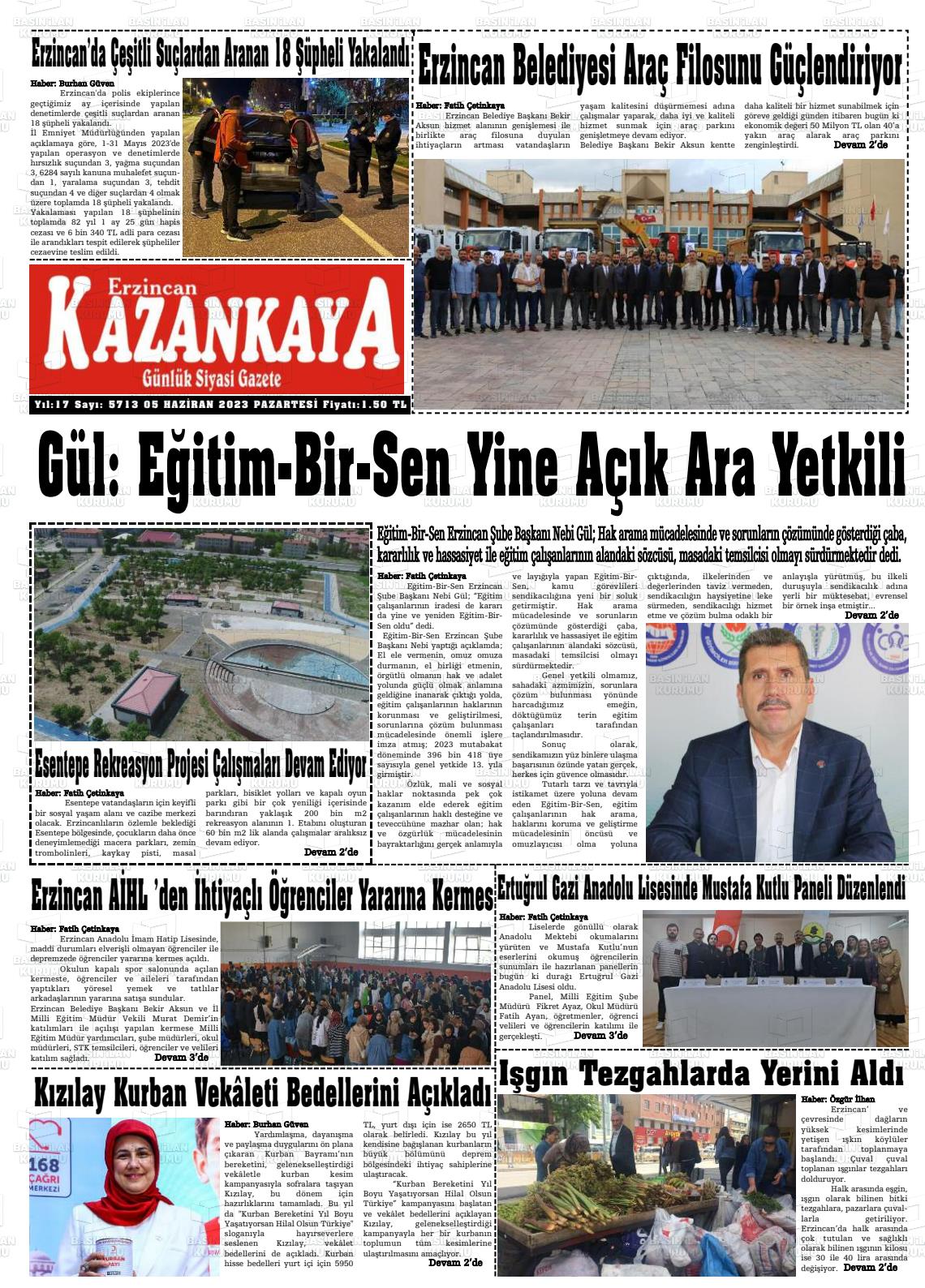 05 Haziran 2023 Kazankaya Gazete Manşeti