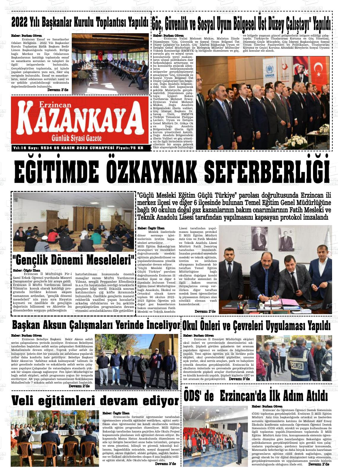 05 Kasım 2022 Kazankaya Gazete Manşeti