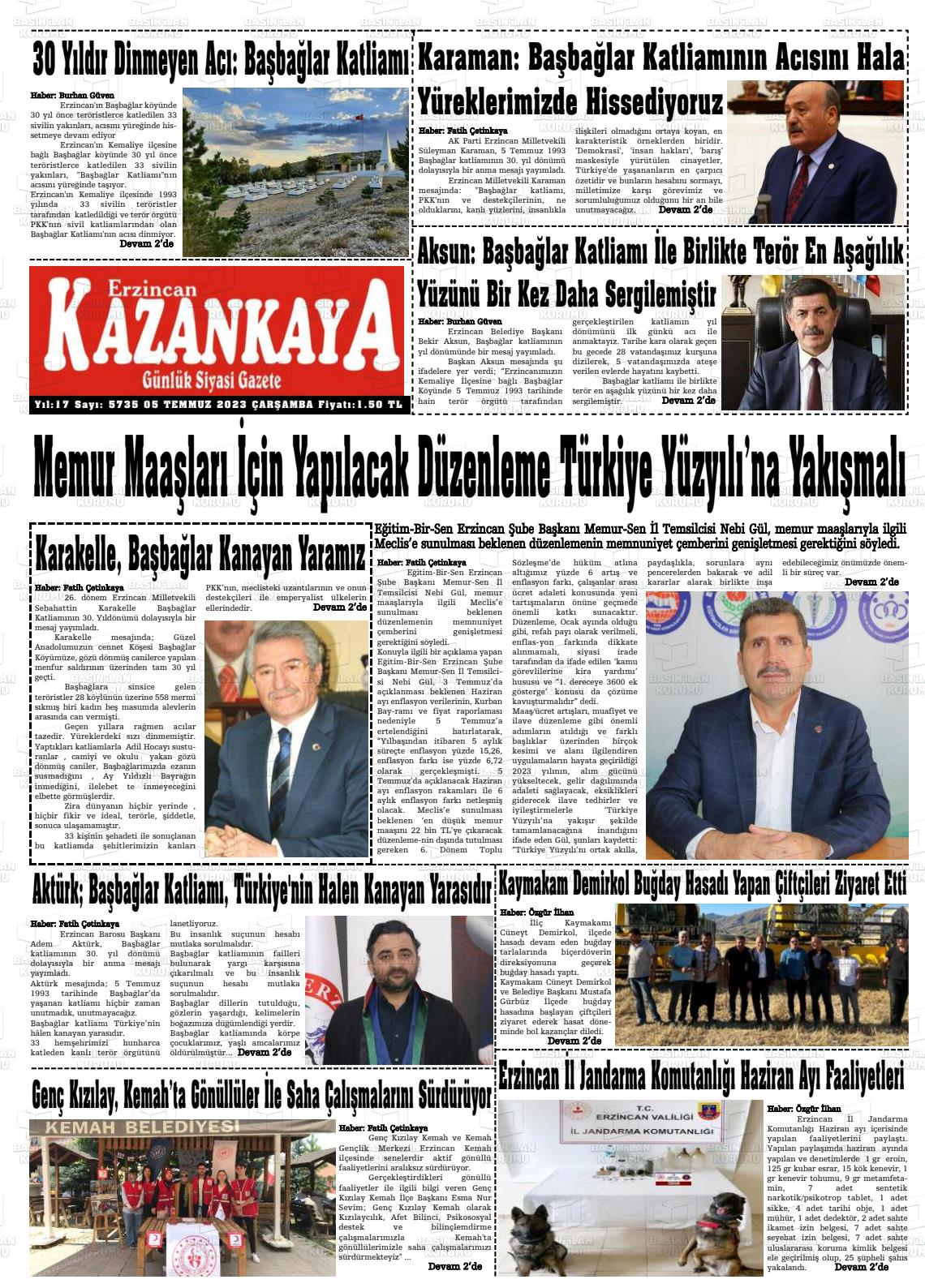 05 Temmuz 2023 Kazankaya Gazete Manşeti