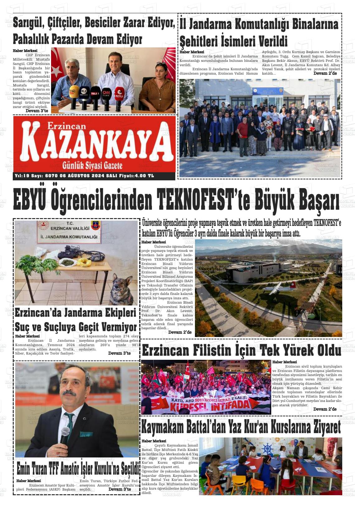 06 Ağustos 2024 Kazankaya Gazete Manşeti