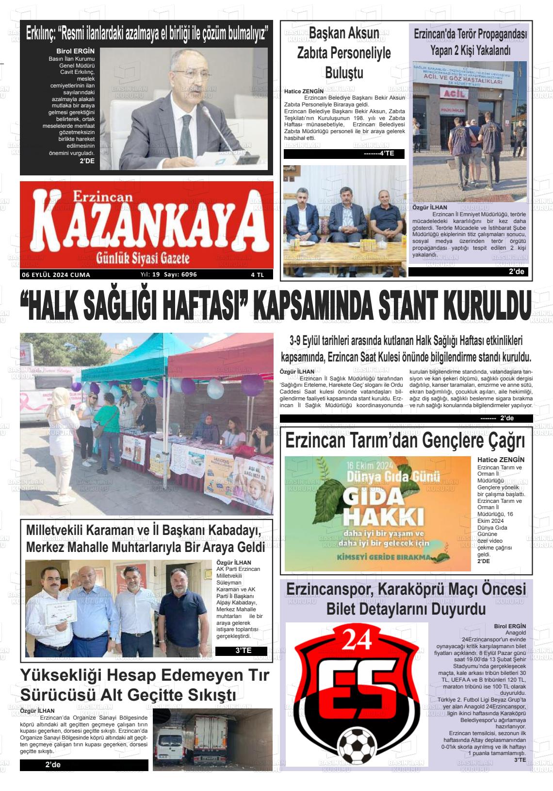 06 Eylül 2024 Kazankaya Gazete Manşeti