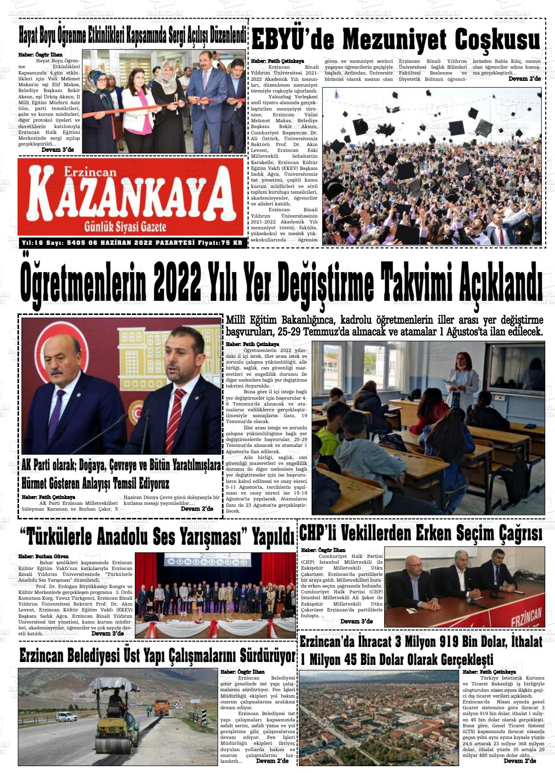 06 Haziran 2022 Kazankaya Gazete Manşeti