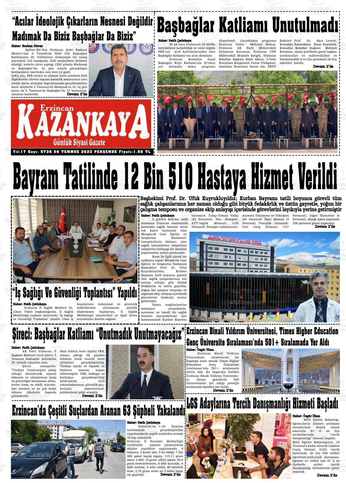 06 Temmuz 2023 Kazankaya Gazete Manşeti