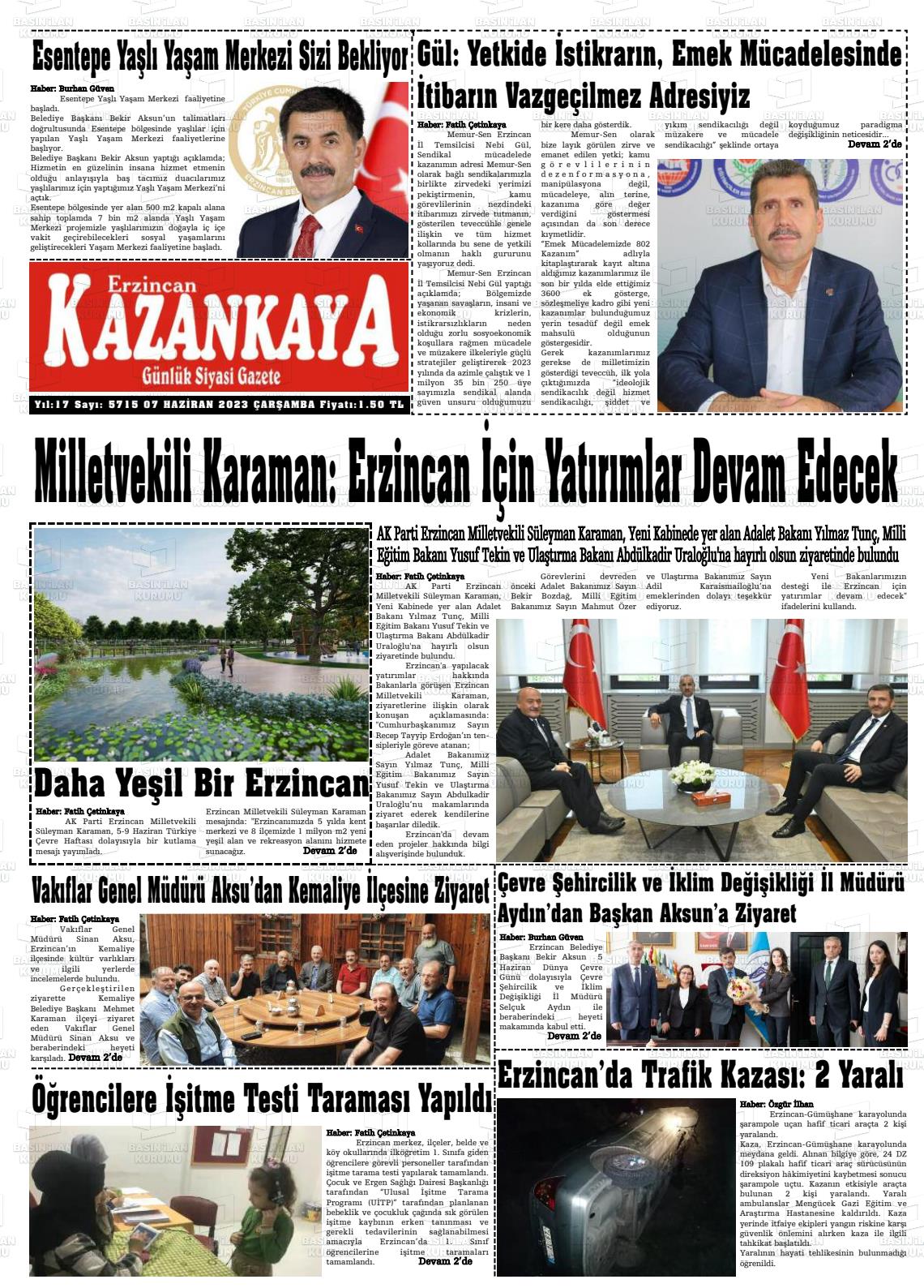 07 Haziran 2023 Kazankaya Gazete Manşeti