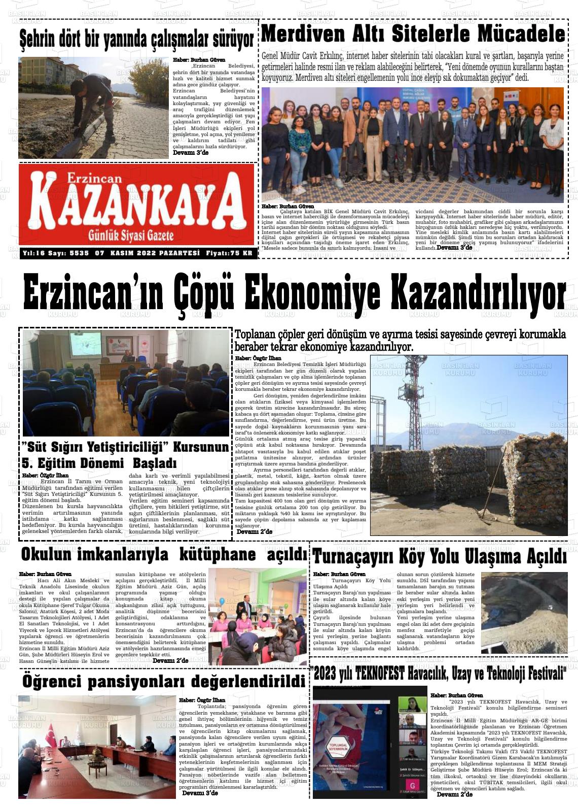 07 Kasım 2022 Kazankaya Gazete Manşeti