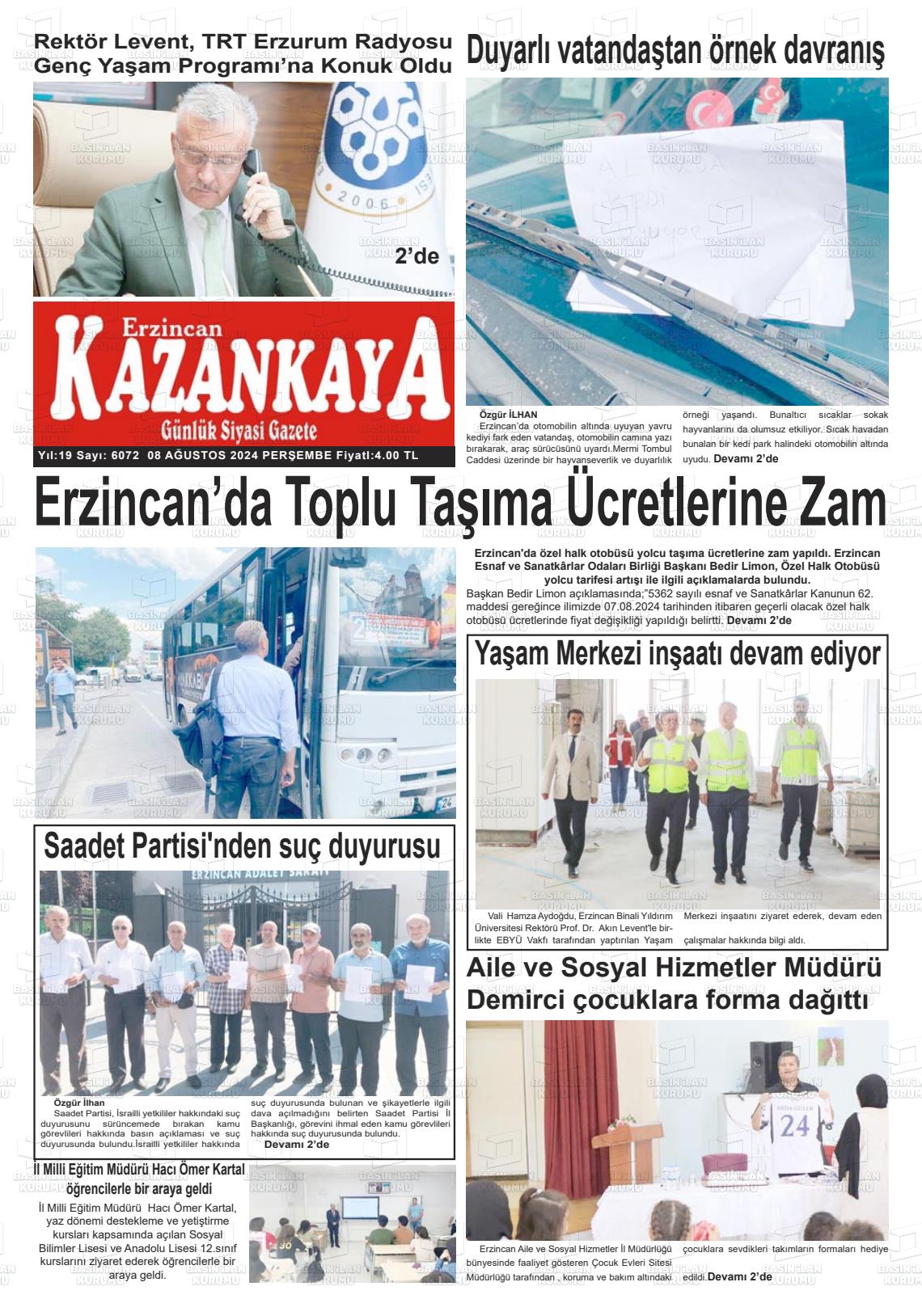 08 Ağustos 2024 Kazankaya Gazete Manşeti