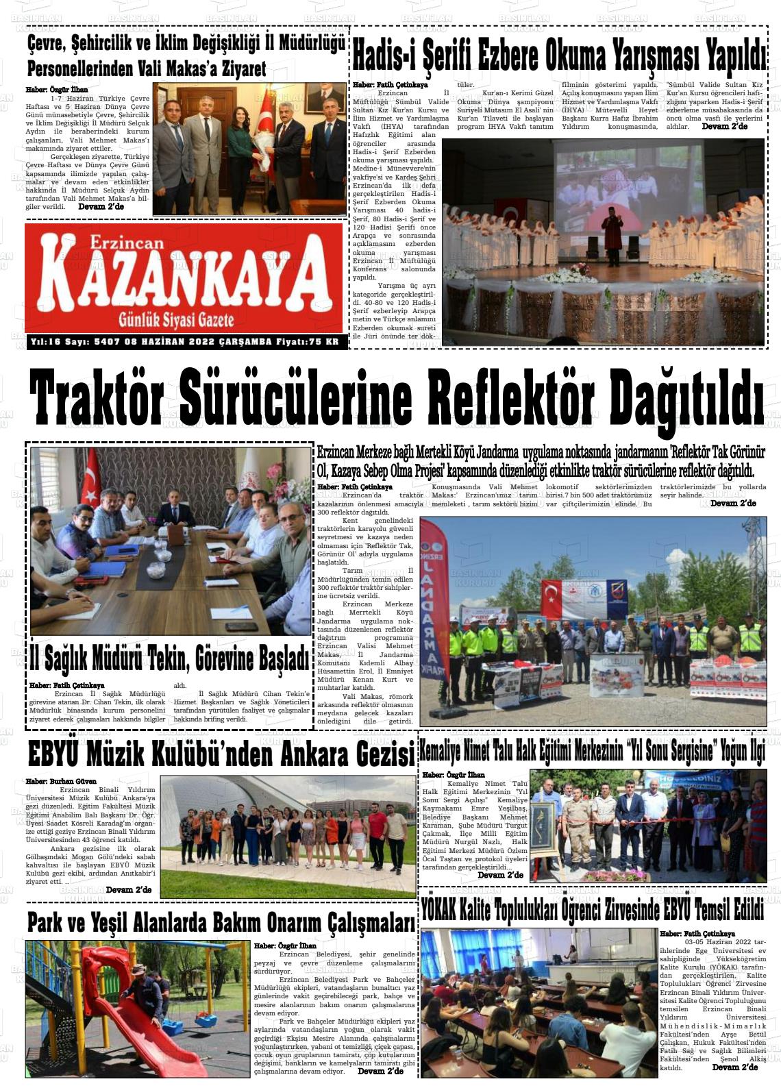 08 Haziran 2022 Kazankaya Gazete Manşeti