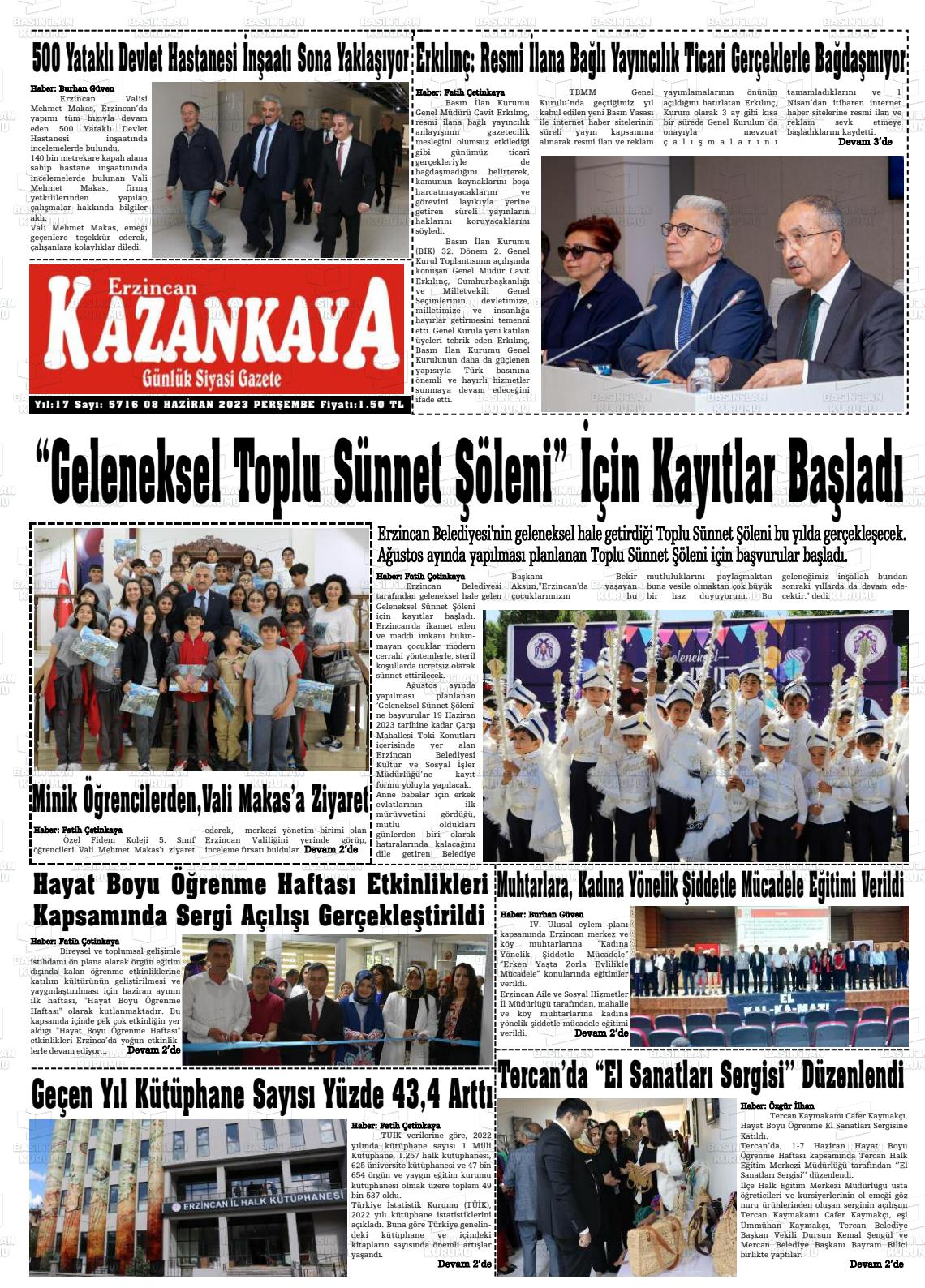 08 Haziran 2023 Kazankaya Gazete Manşeti