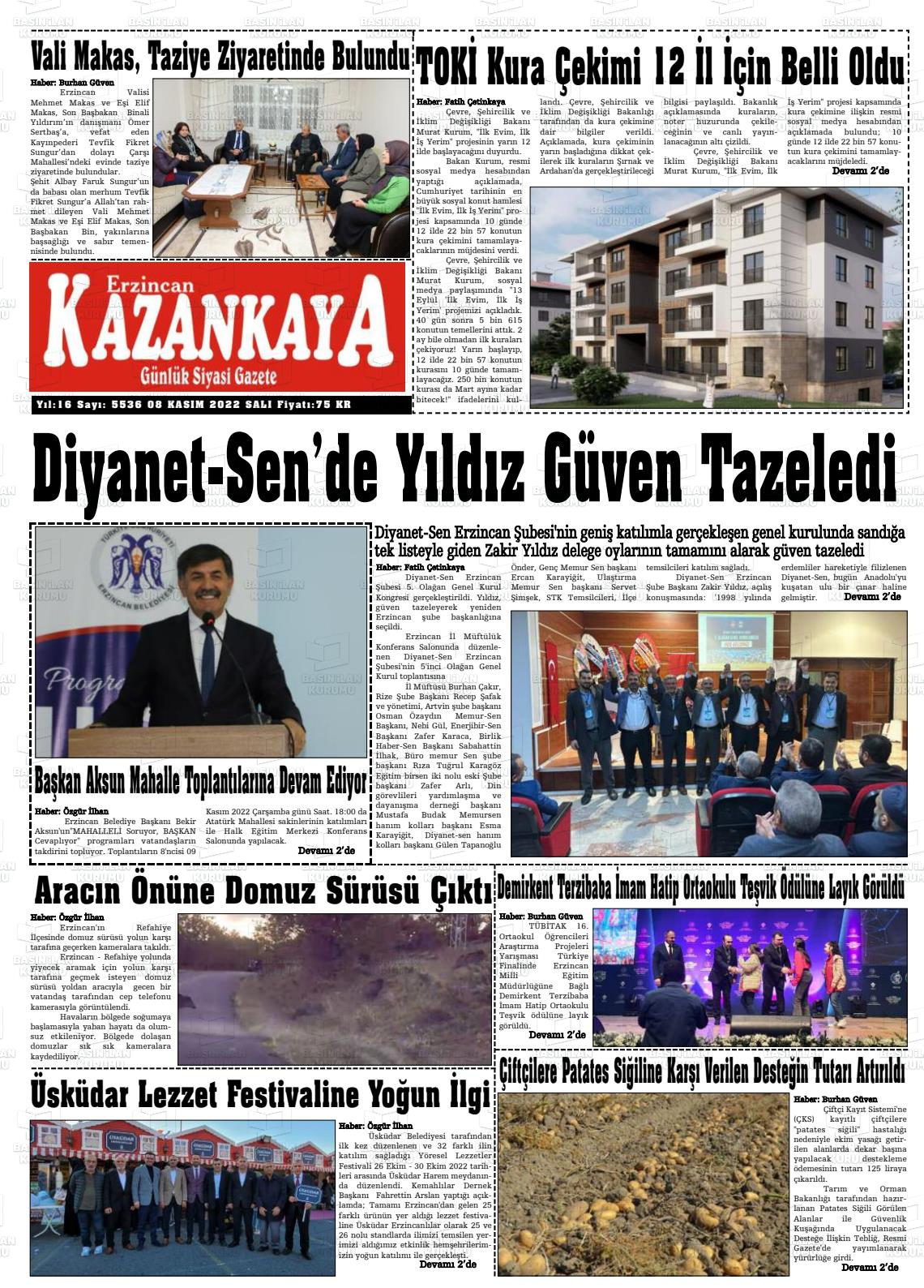 08 Kasım 2022 Kazankaya Gazete Manşeti