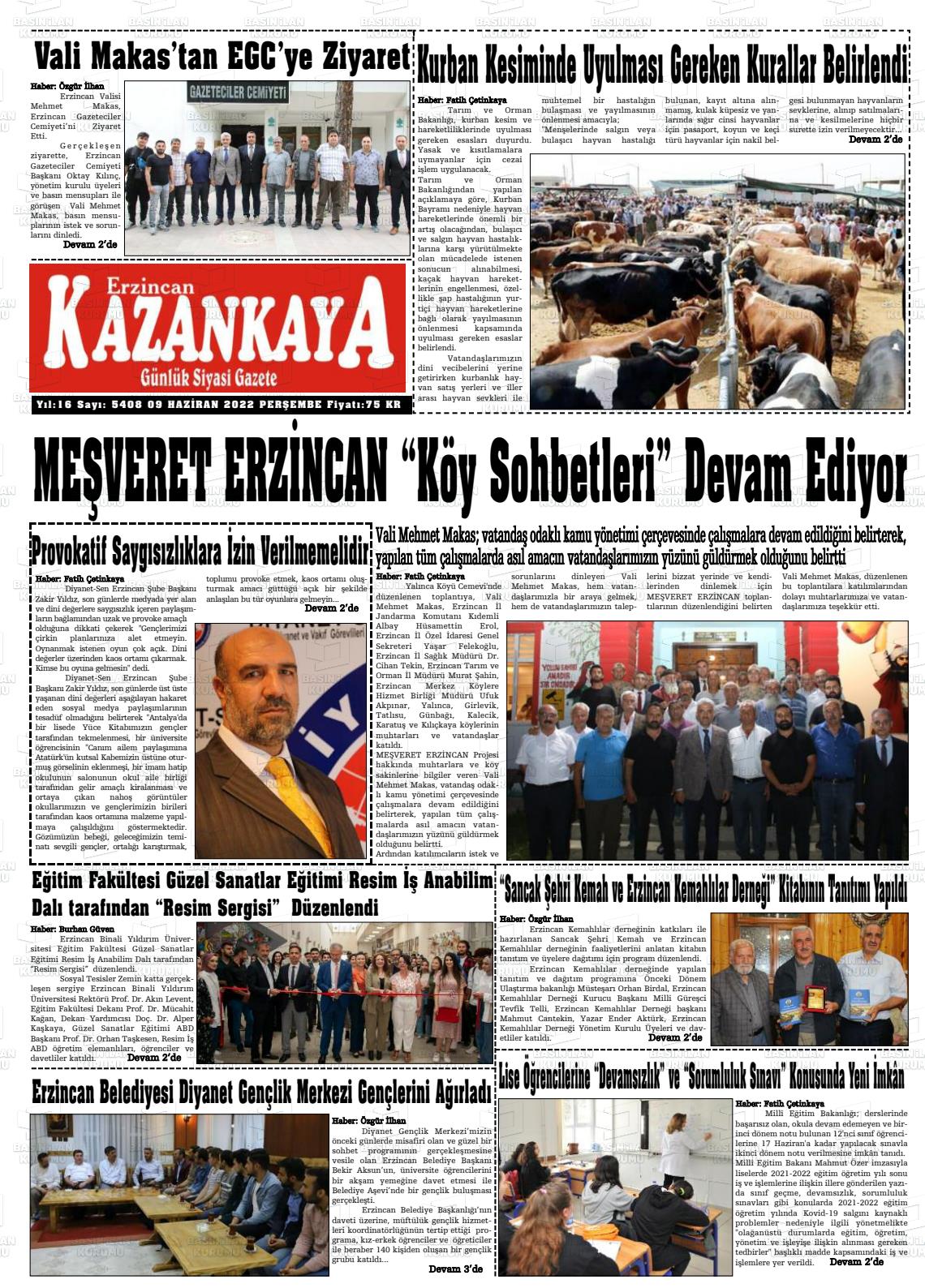 09 Haziran 2022 Kazankaya Gazete Manşeti