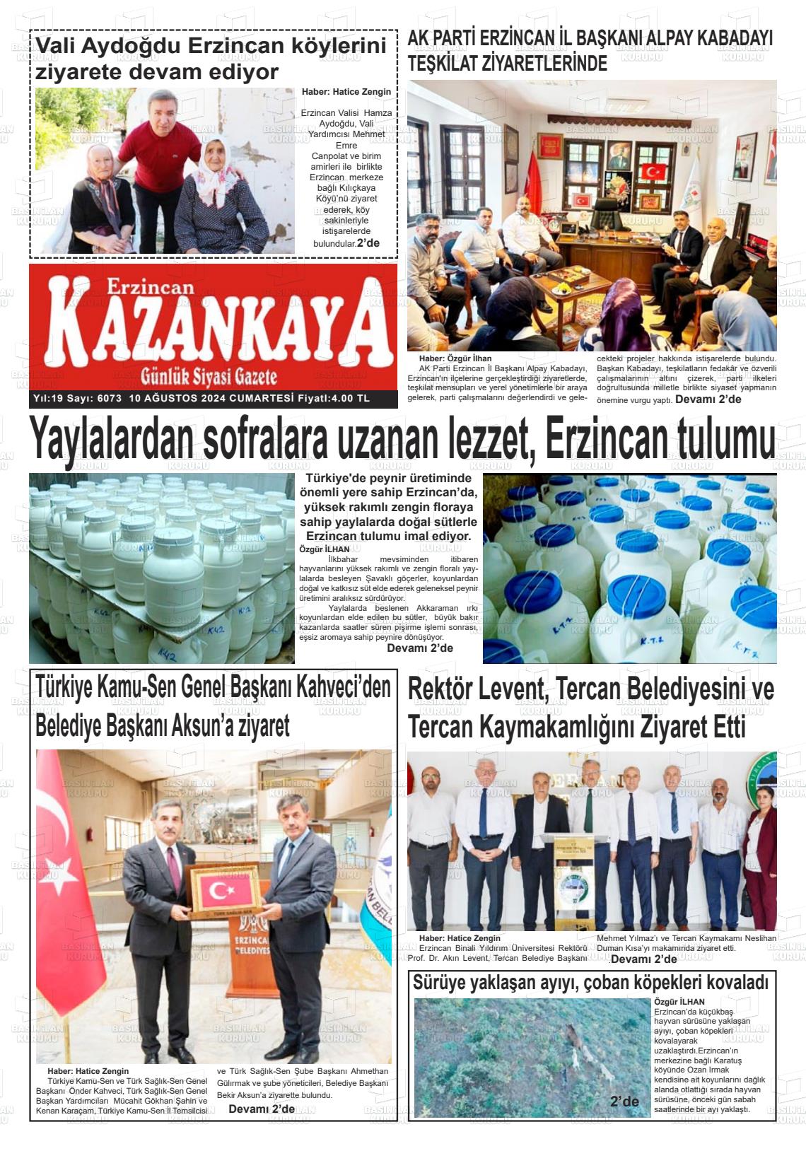 10 Ağustos 2024 Kazankaya Gazete Manşeti