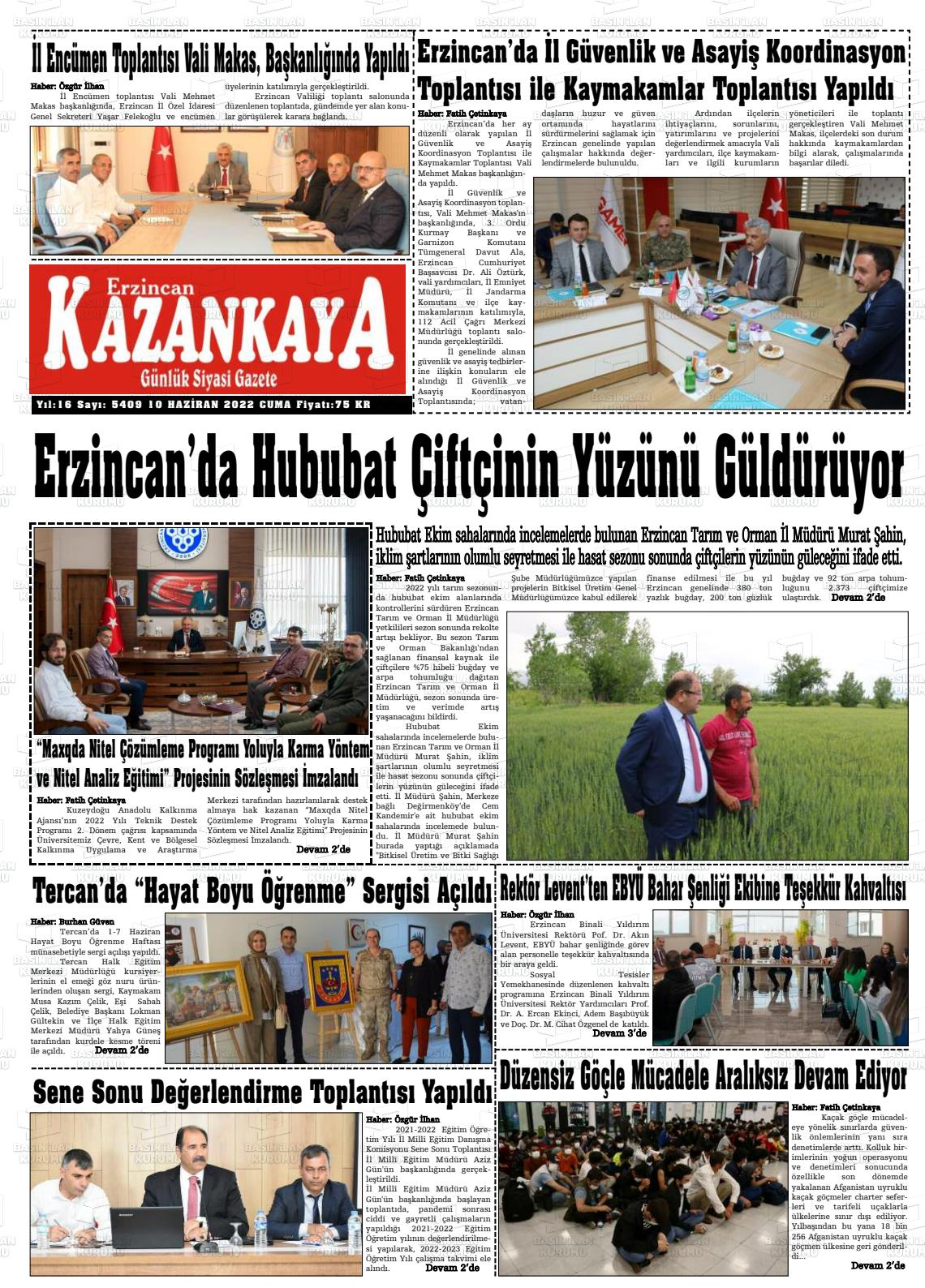 10 Haziran 2022 Kazankaya Gazete Manşeti